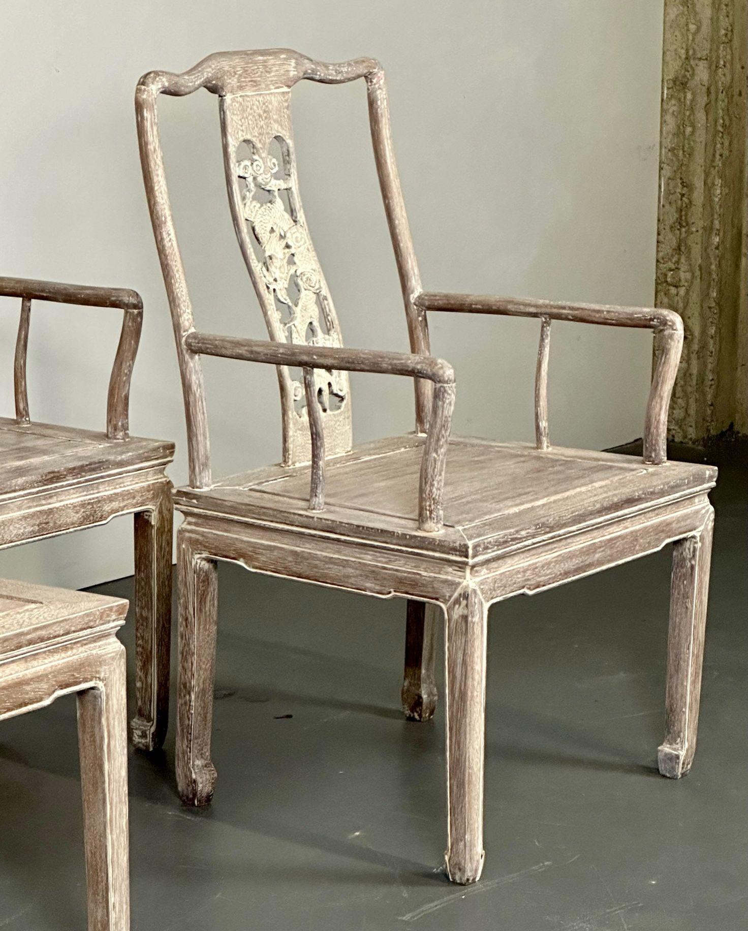 Silk Set Six Chinese Chippendale Whitewashed Dining Chairs, Carved Dragons, Rosewood For Sale