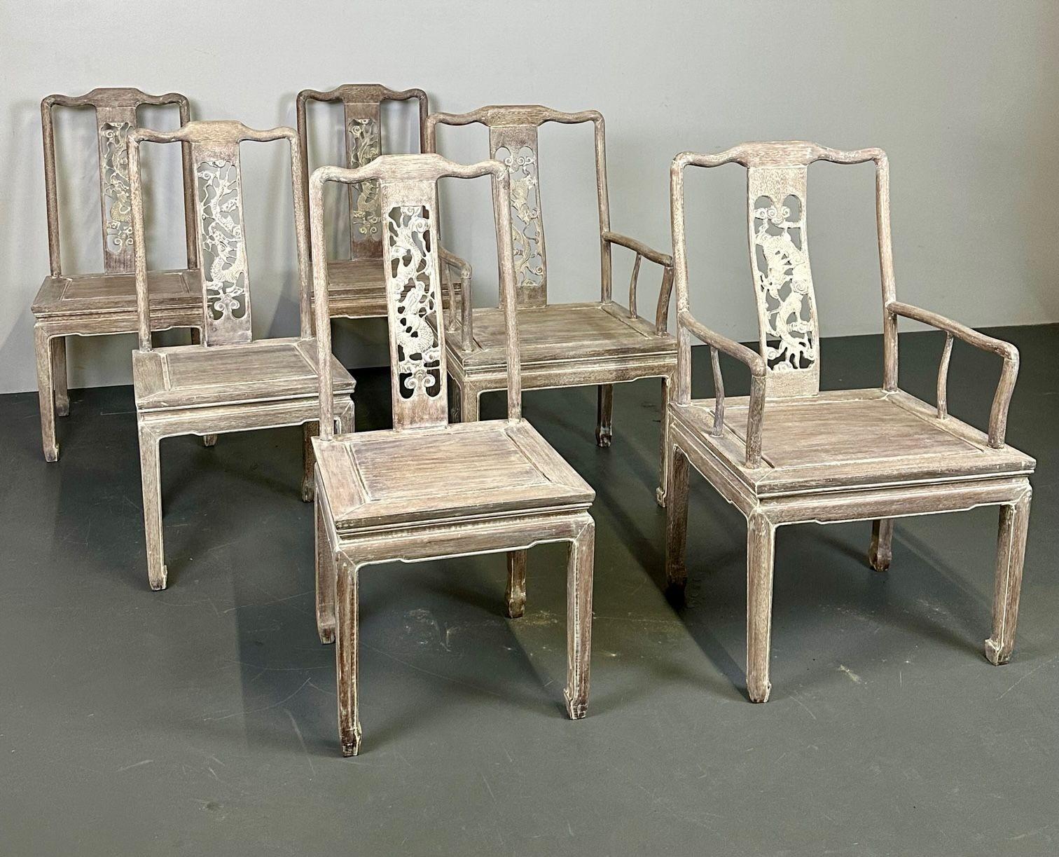 Set Six Chinese Chippendale Whitewashed Dining Chairs, Carved Dragons, Rosewood For Sale 1