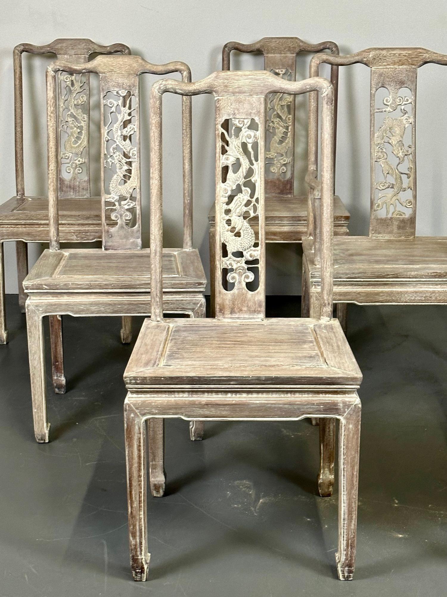 Set Six Chinese Chippendale Whitewashed Dining Chairs, Carved Dragons, Rosewood For Sale 2