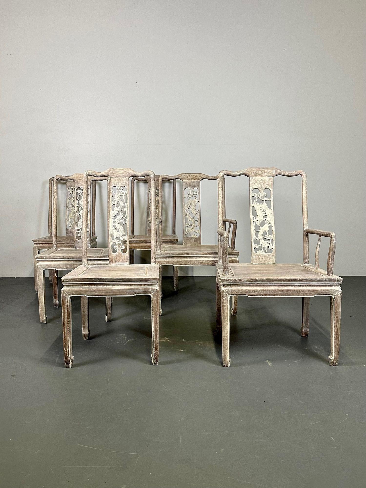 Set Six Chinese Chippendale Whitewashed Dining Chairs, Carved Dragons, Rosewood For Sale 3