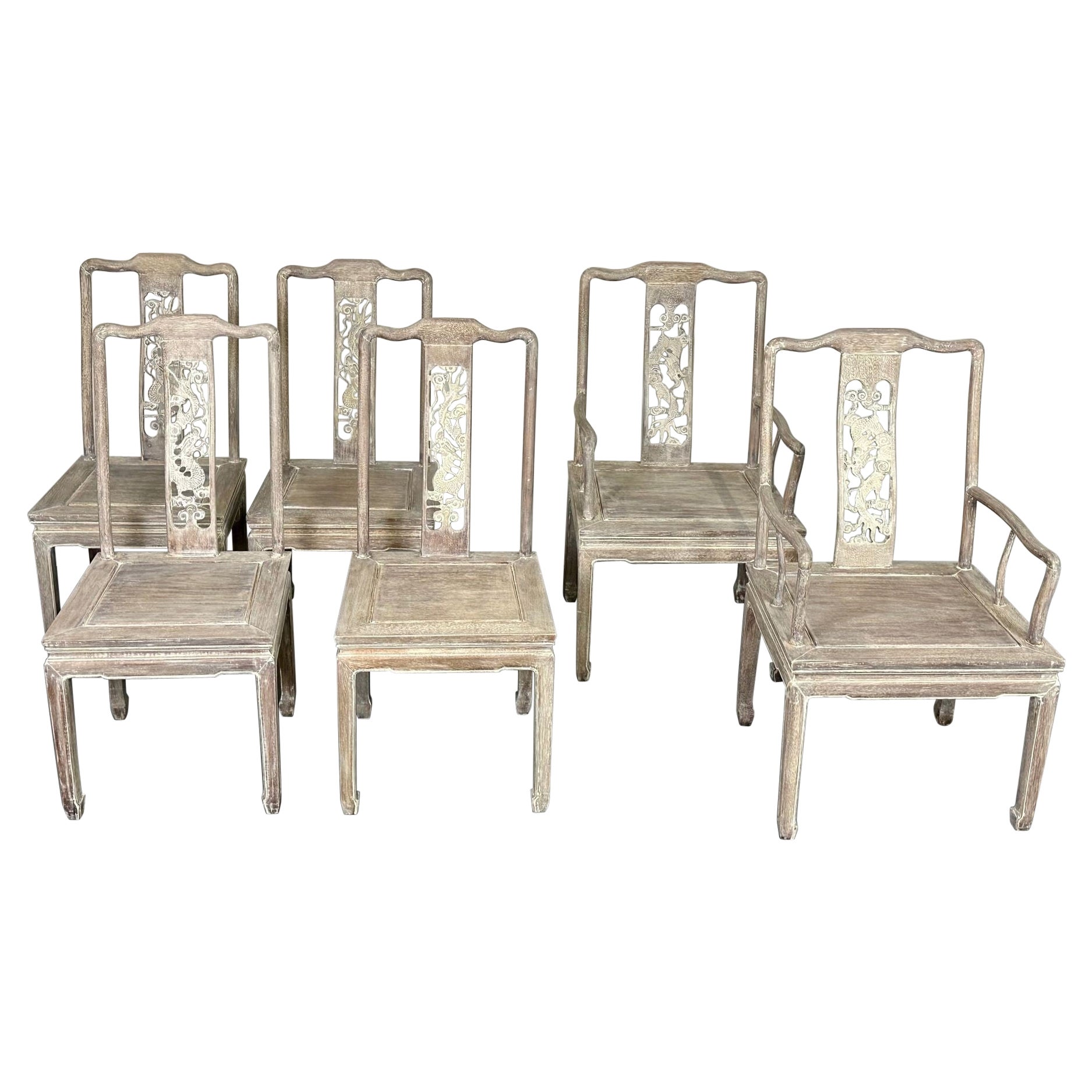 Set aus sechs chinesischen Chippendale-Esszimmerstühlen, weiß gewaschen, geschnitzte Drachen, Palisanderholz