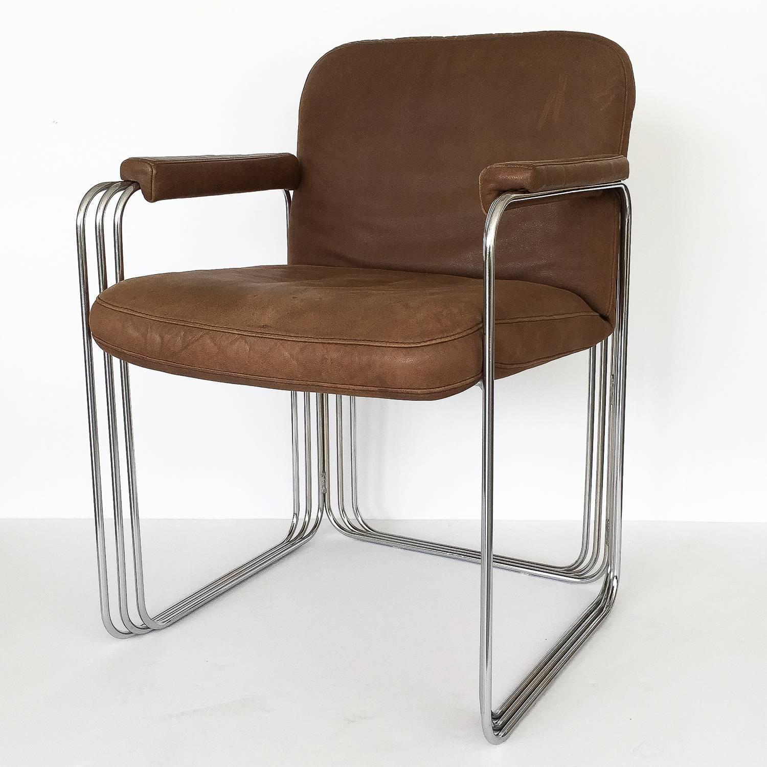 Mid-Century Modern Set Six Chrome and Leather Dining Chairs Attributed to Pace