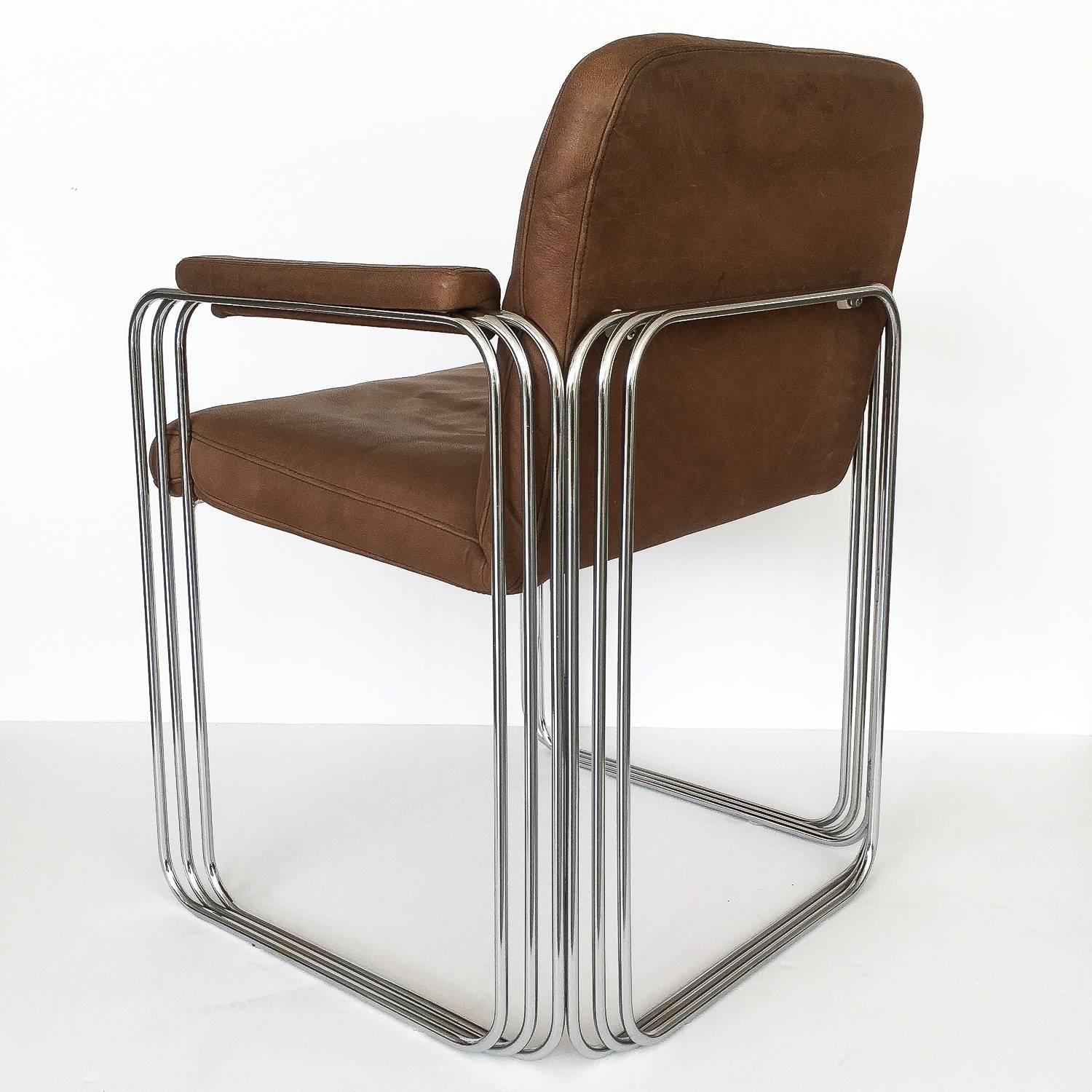 Steel Set Six Chrome and Leather Dining Chairs Attributed to Pace