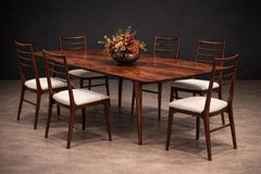 Ensemble de six chaises de salle à manger en bois dur et tissu, Giuseppe Scapinelli, Brésil, années 1950