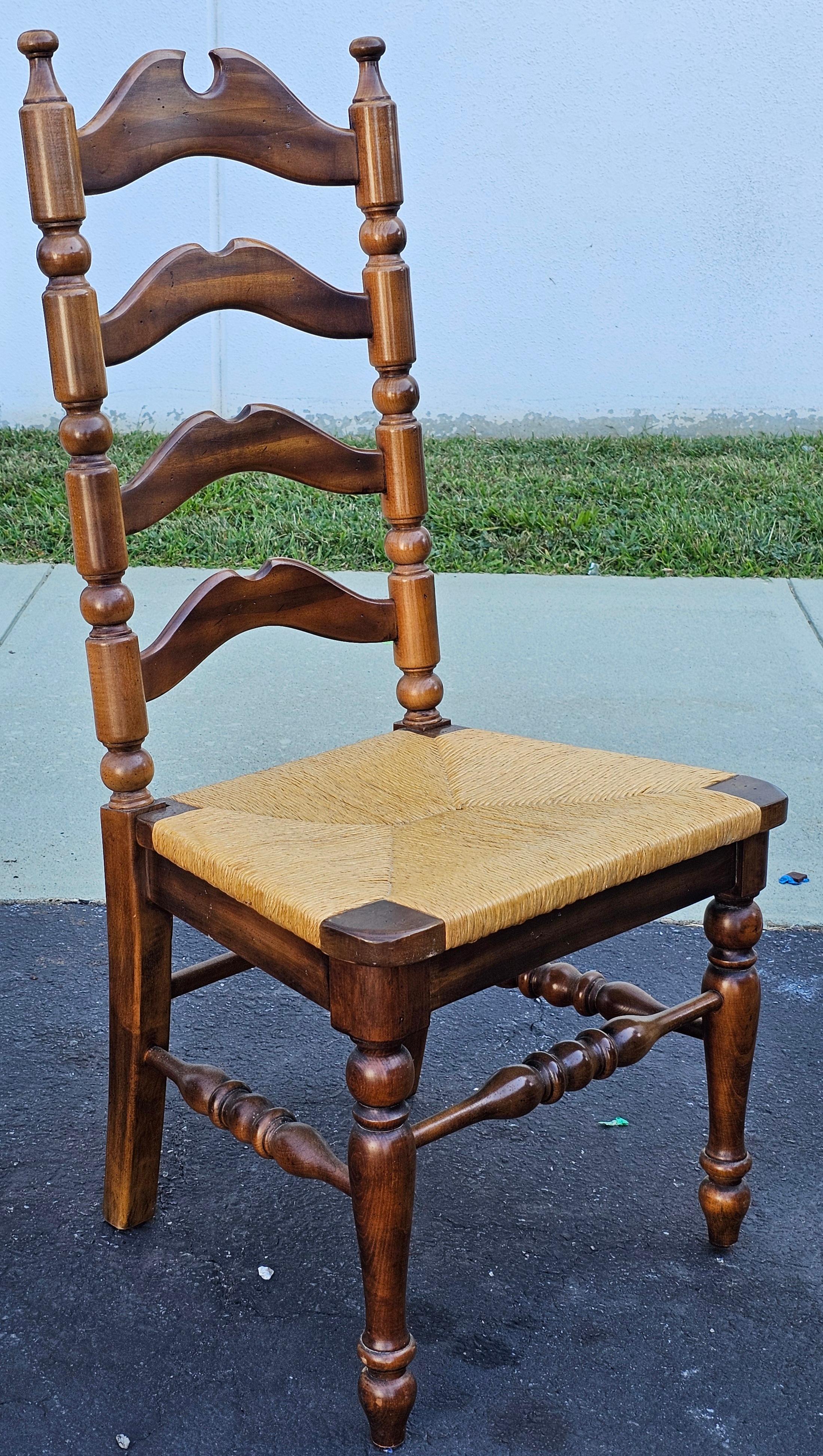 Set Six Early American Style Walnut and Rush Seat Tall Ladder Back Dining Chairs For Sale 4