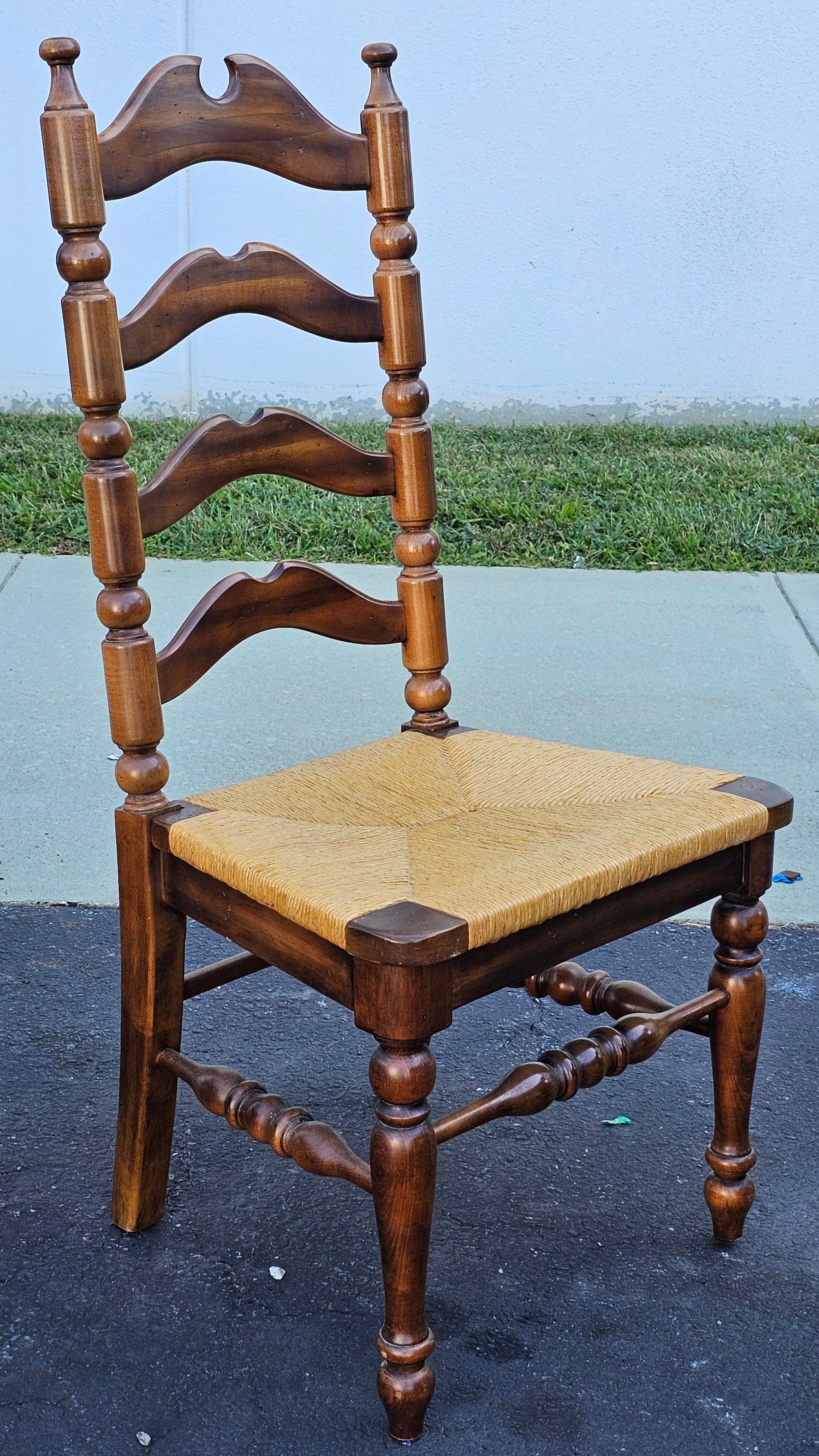 Set Six Early American Style Walnut and Rush Seat Tall Ladder Back Dining Chairs For Sale 5