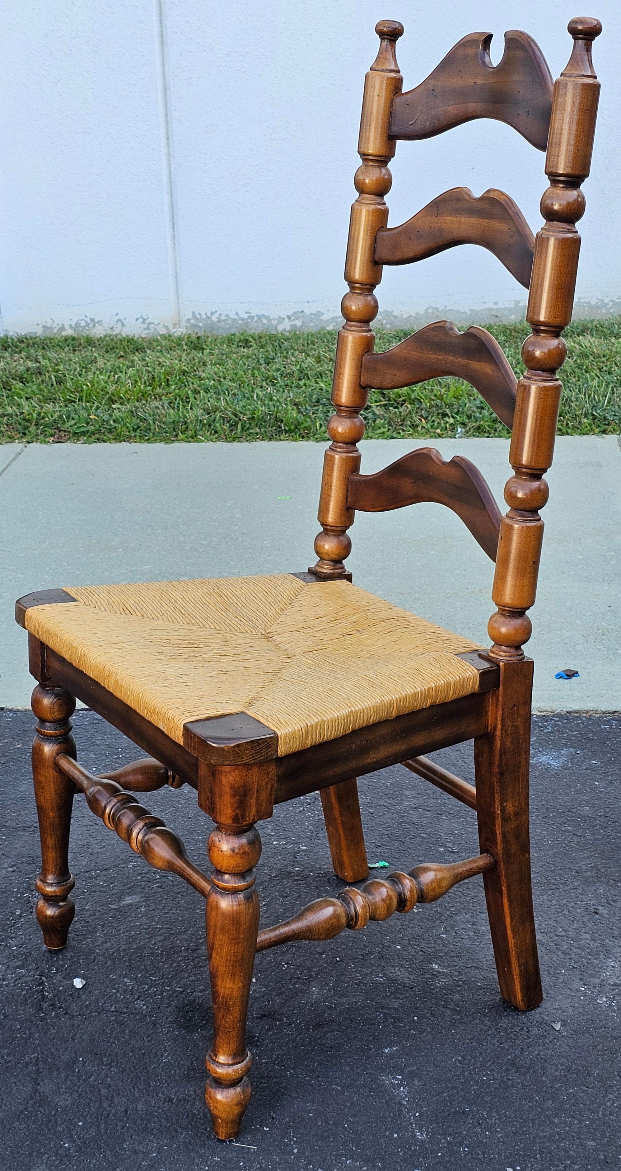 Set Six Early American Style Walnut and Rush Seat Tall Ladder Back Dining Chairs For Sale 6