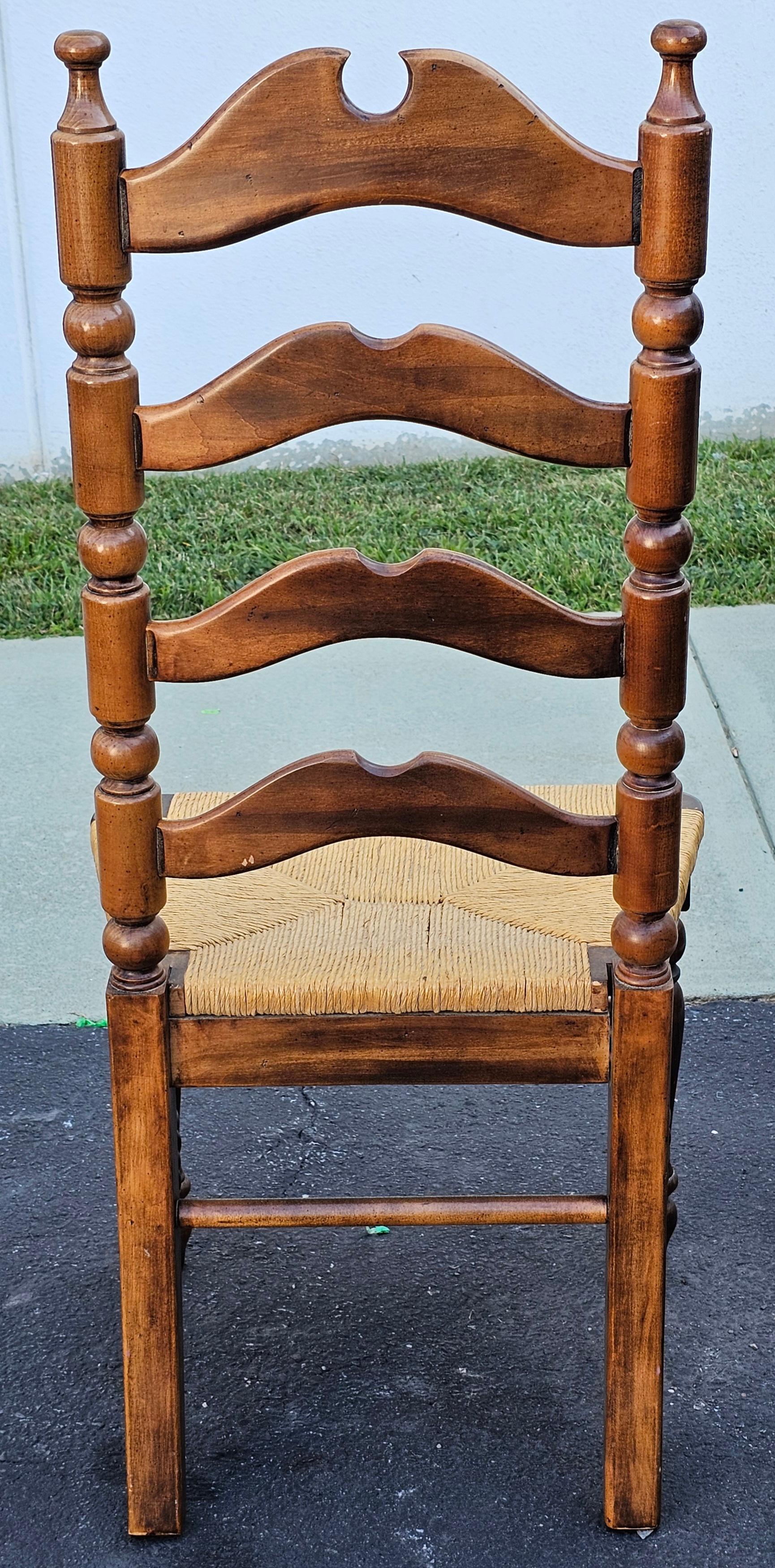 Set Six Early American Style Walnut and Rush Seat Tall Ladder Back Dining Chairs For Sale 7