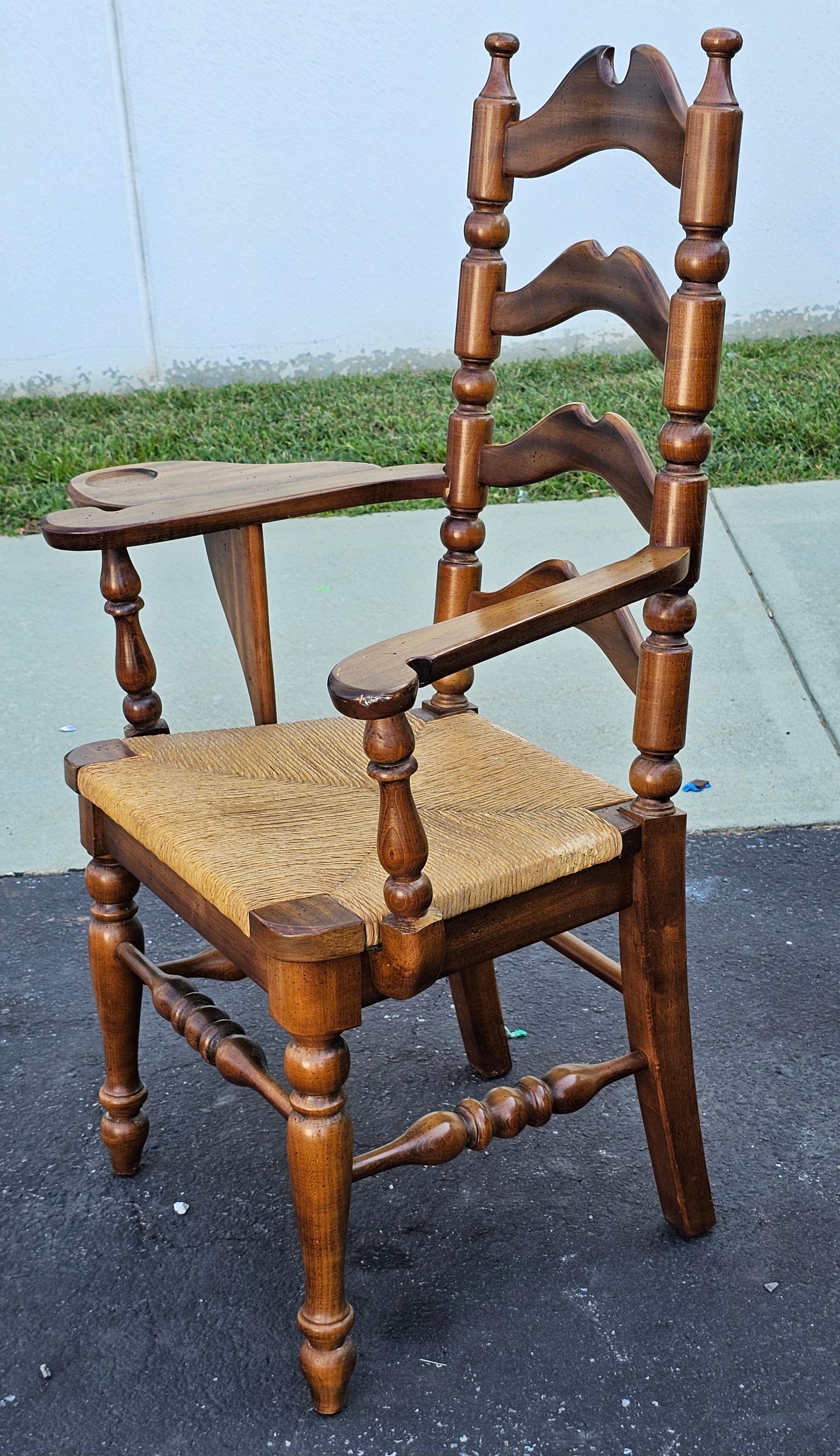 Set Six Early American Style Walnut and Rush Seat Tall Ladder Back Dining Chairs For Sale 12