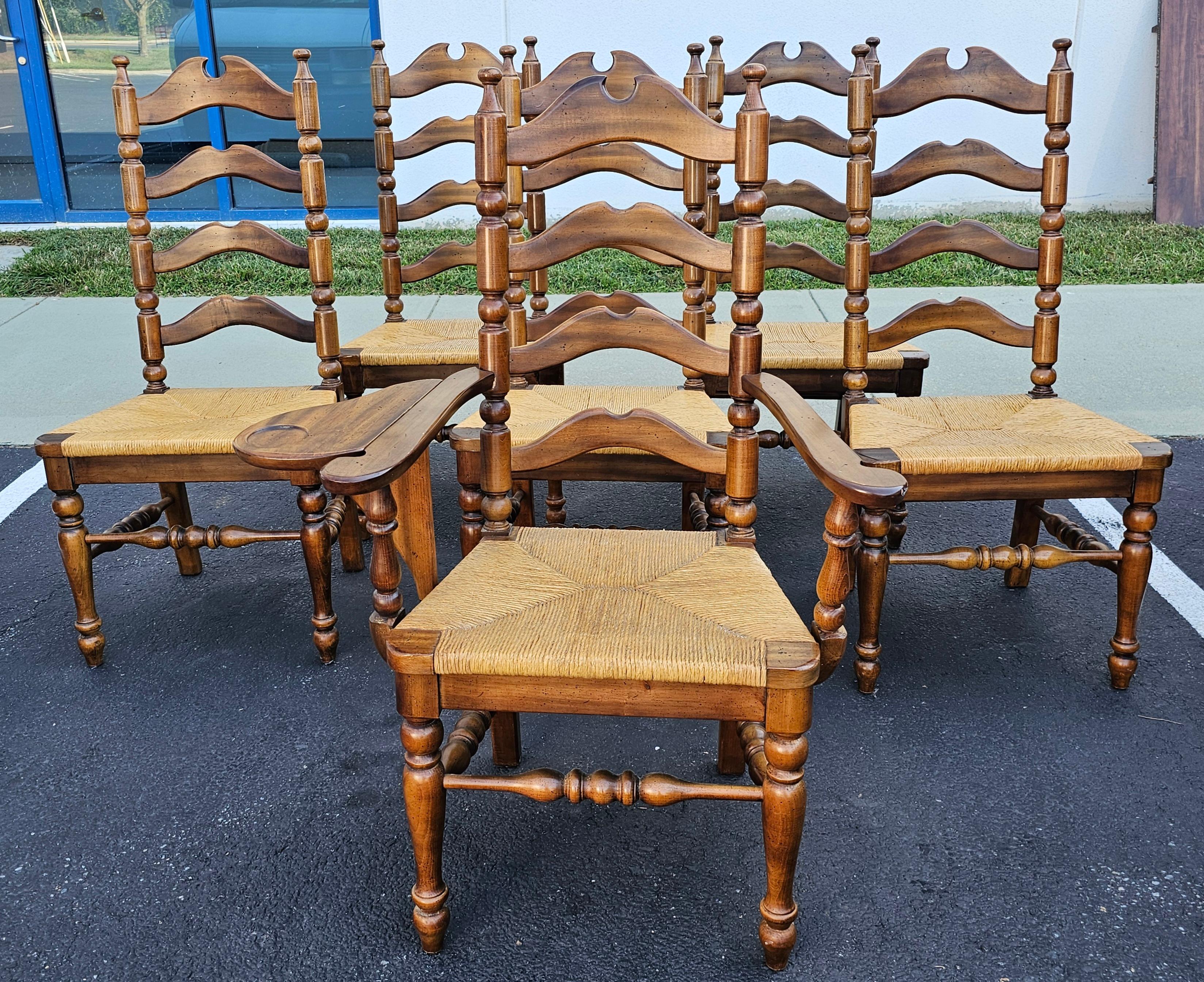 William and Mary Set Six Early American Style Walnut and Rush Seat Tall Ladder Back Dining Chairs For Sale