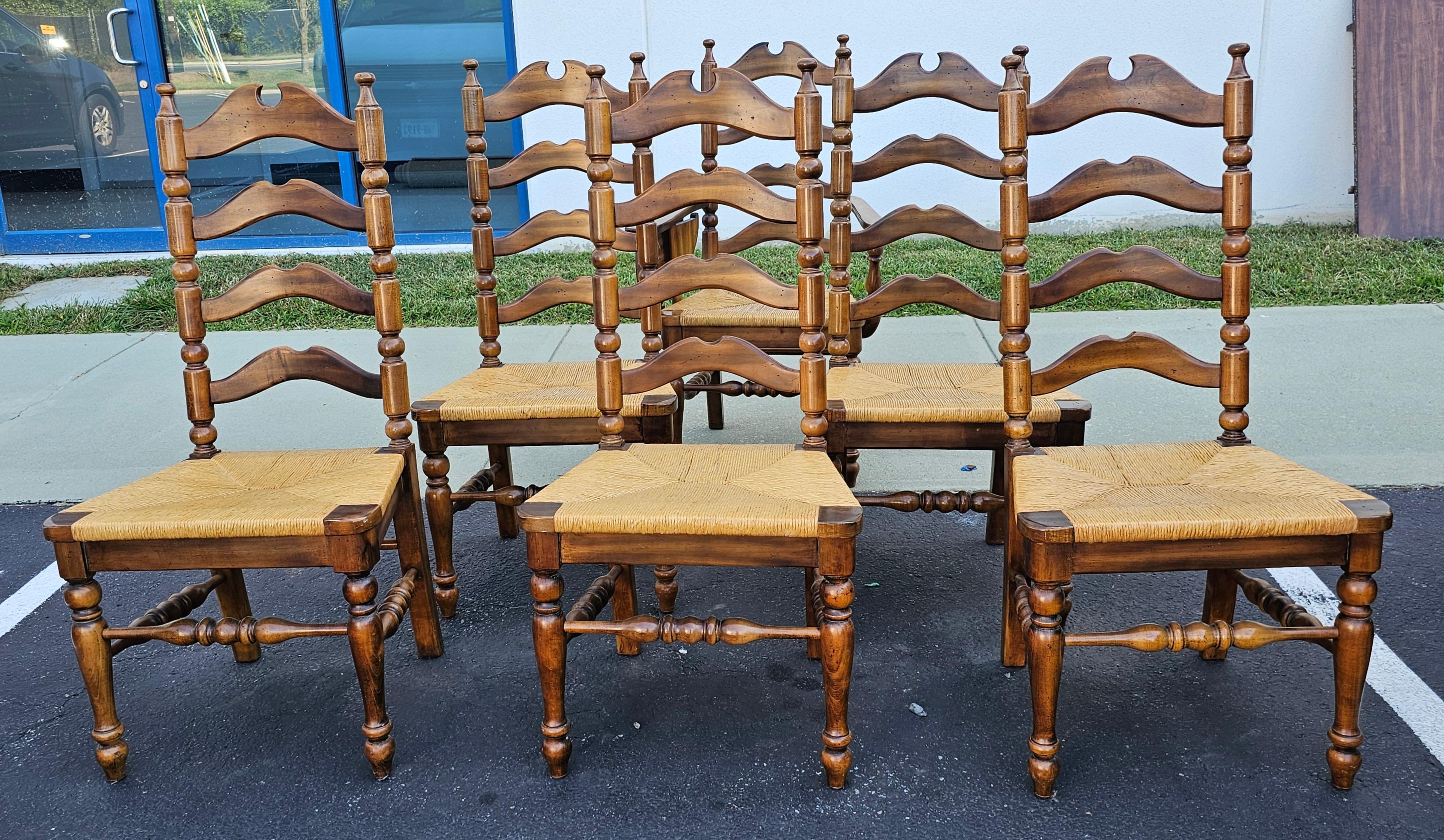 Carved Set Six Early American Style Walnut and Rush Seat Tall Ladder Back Dining Chairs For Sale