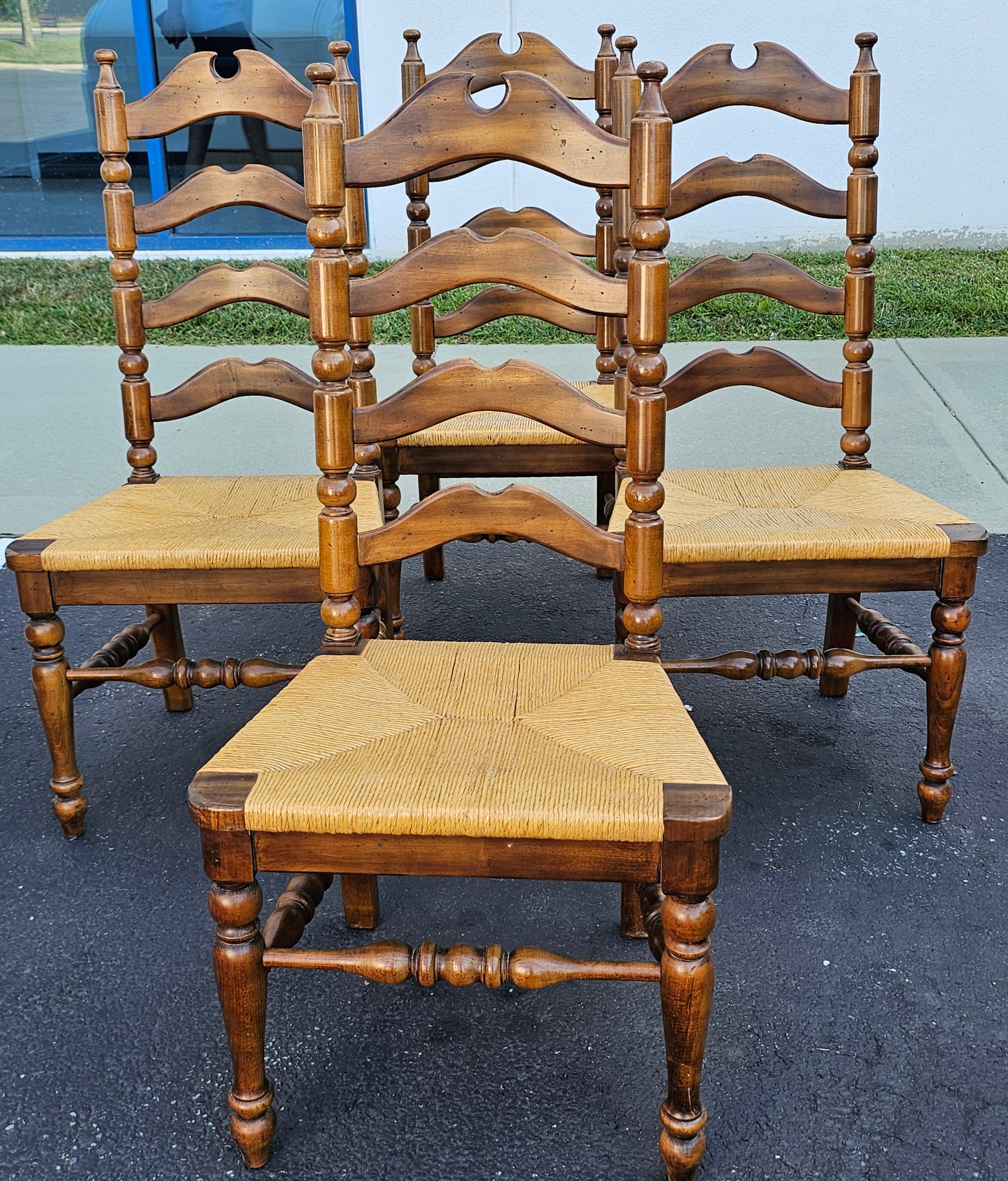 Set Six Early American Style Walnut and Rush Seat Tall Ladder Back Dining Chairs In Good Condition For Sale In Germantown, MD