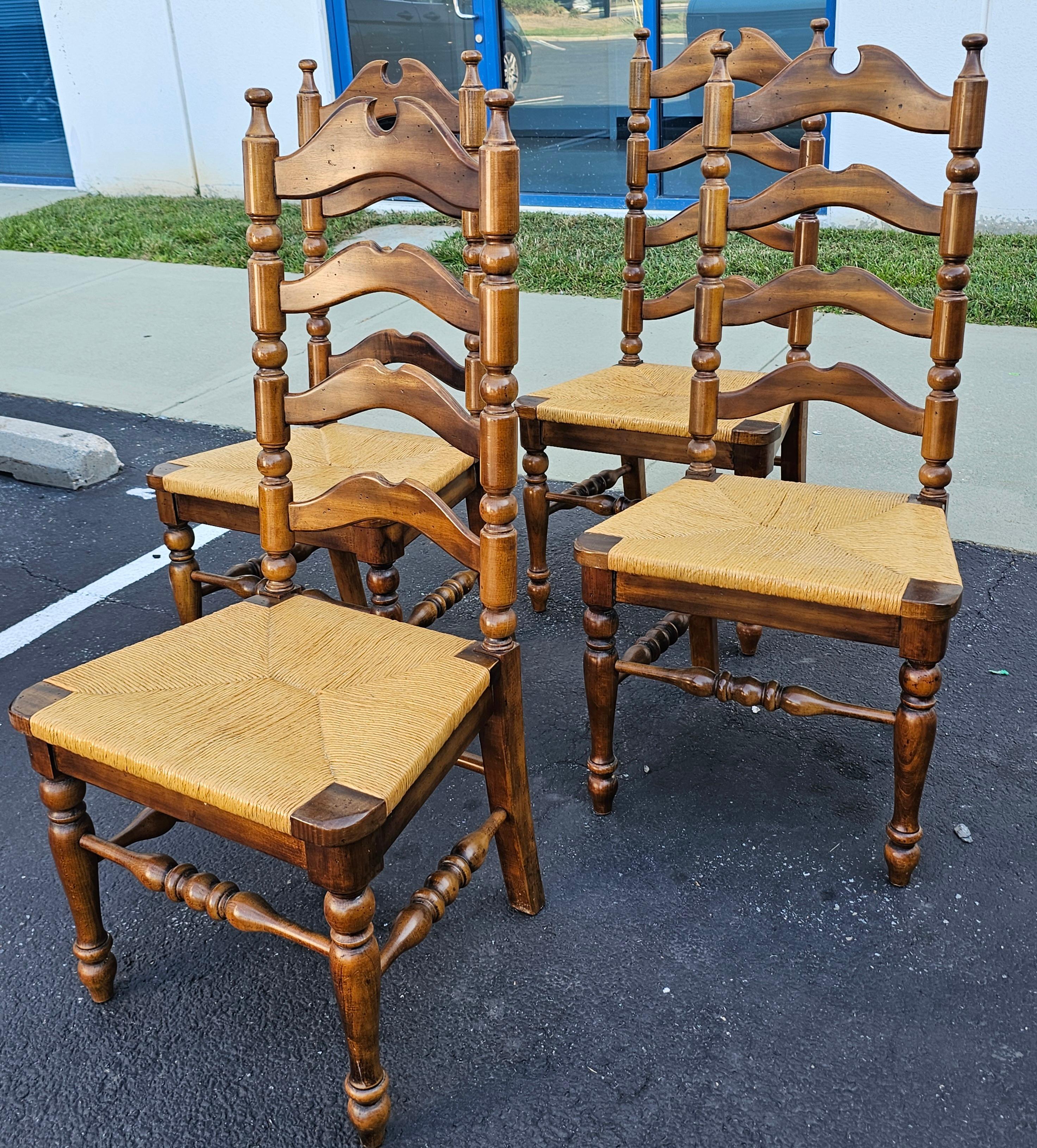 20th Century Set Six Early American Style Walnut and Rush Seat Tall Ladder Back Dining Chairs For Sale