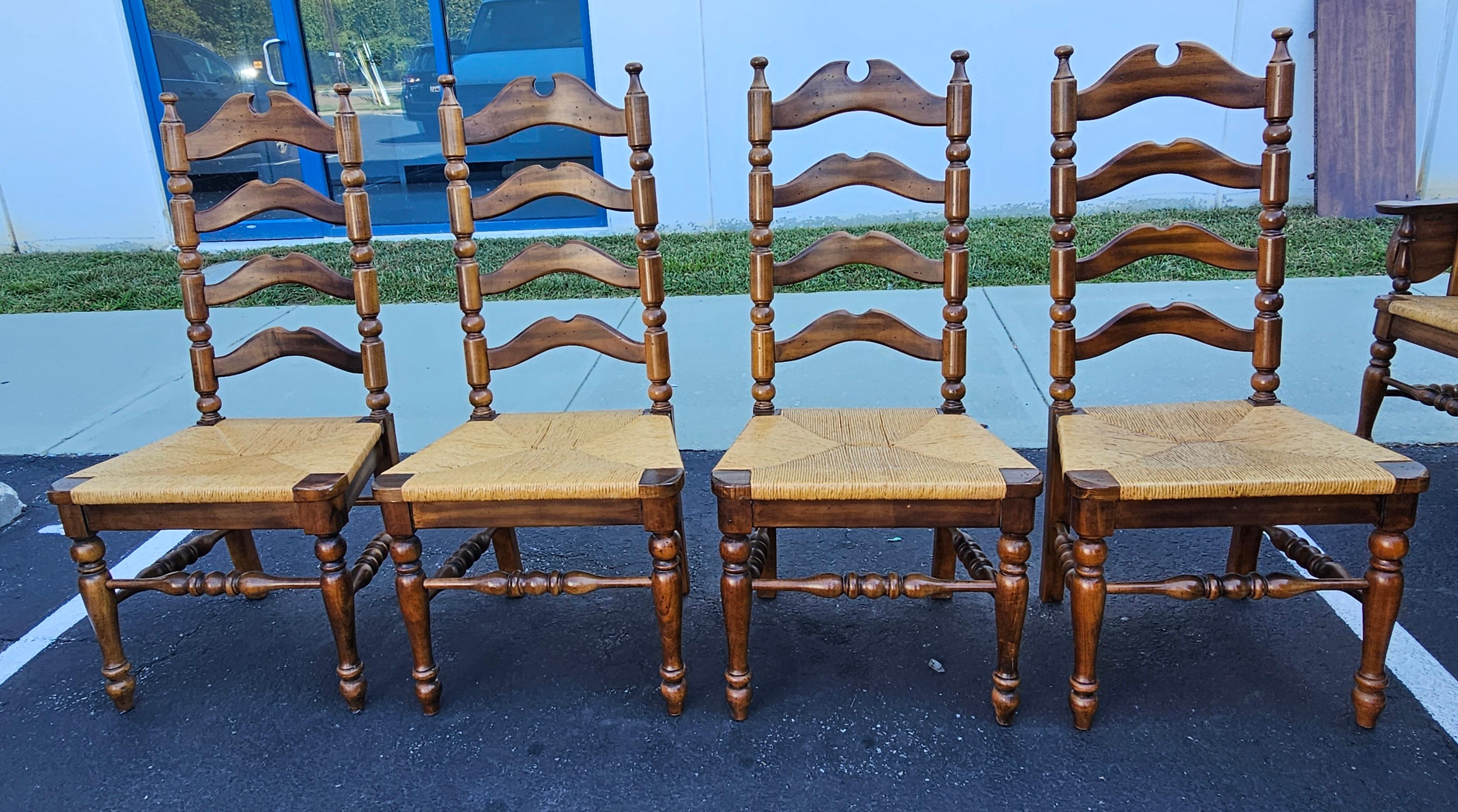Set Six Early American Style Walnut and Rush Seat Tall Ladder Back Dining Chairs For Sale 1