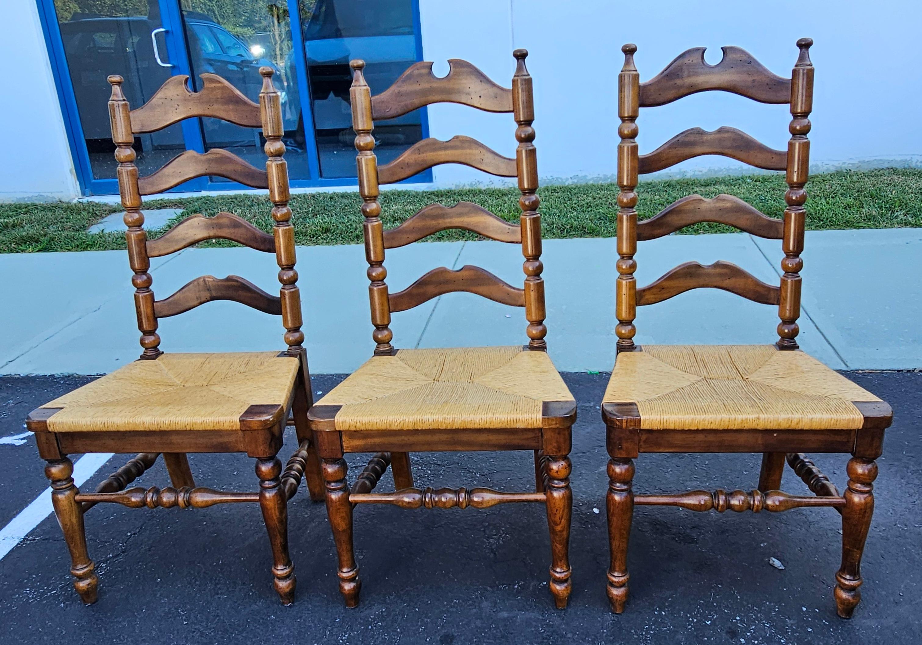 Set Six Early American Style Walnut and Rush Seat Tall Ladder Back Dining Chairs For Sale 2