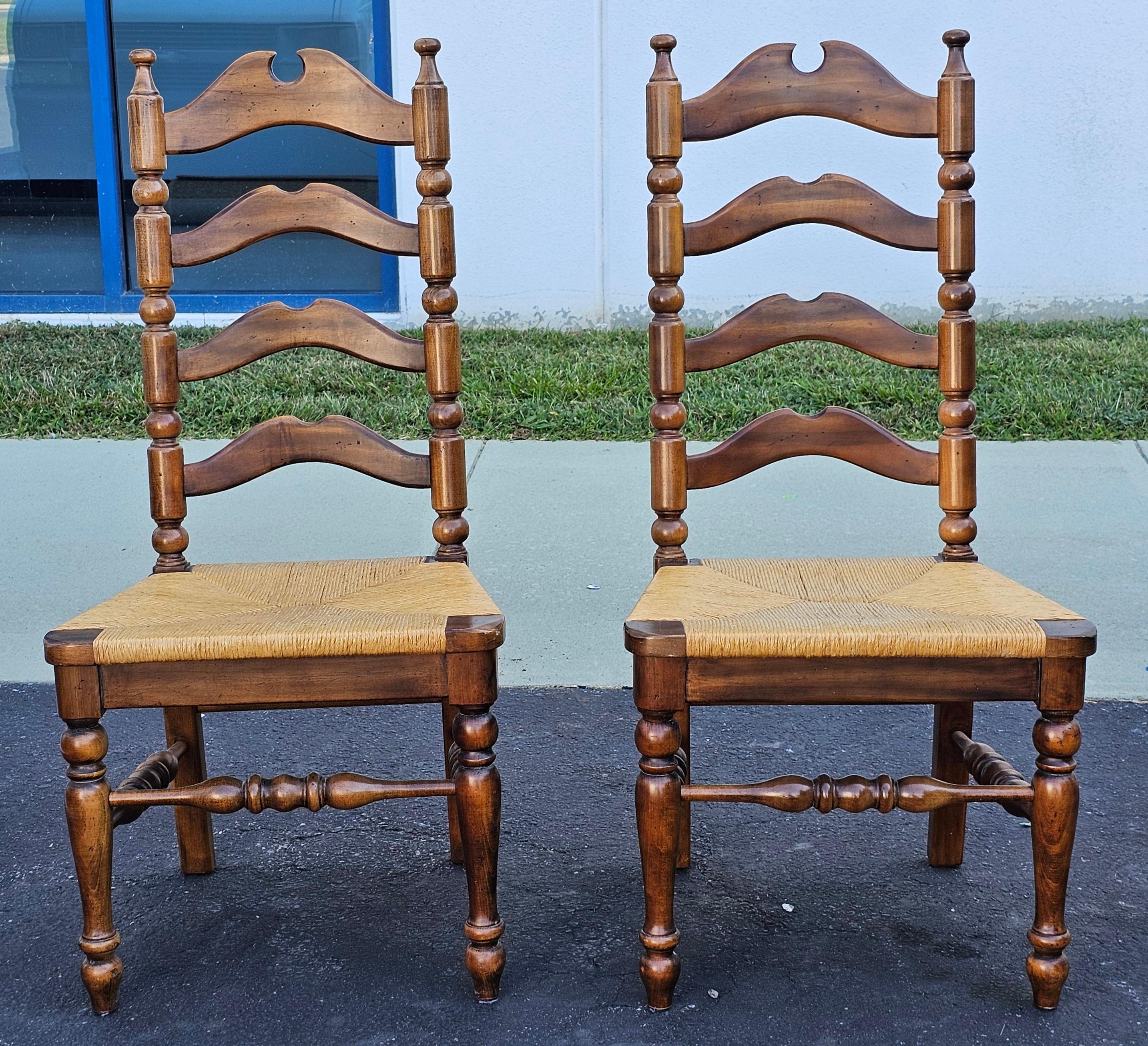 Set Six Early American Style Walnut and Rush Seat Tall Ladder Back Dining Chairs For Sale 3