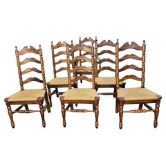Set Six Early American Style Walnut and Rush Seat Tall Ladder Back Dining Chairs
