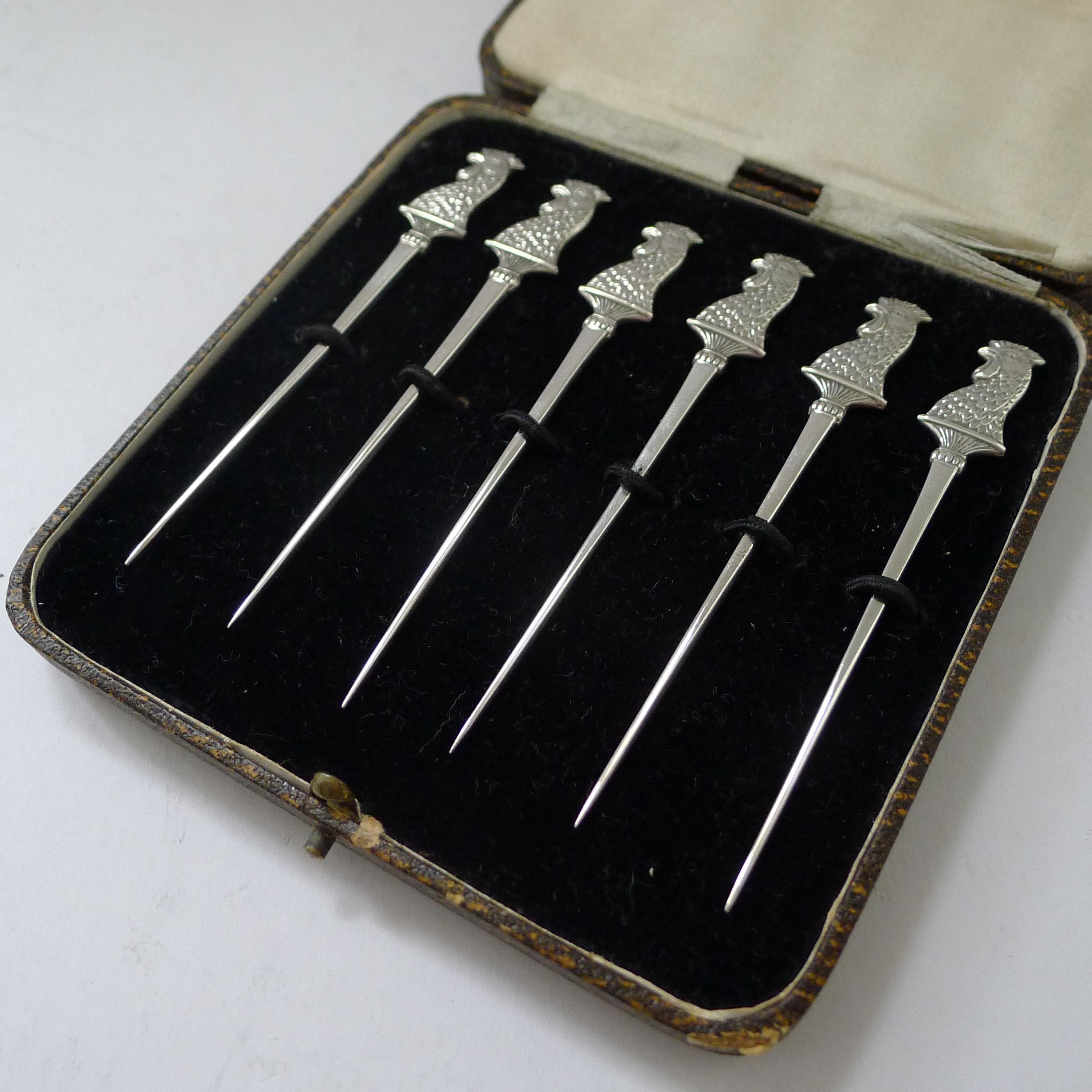 Art Deco Set Six English Solid Sterling Silver Cocktail Sticks - 1928 For Sale