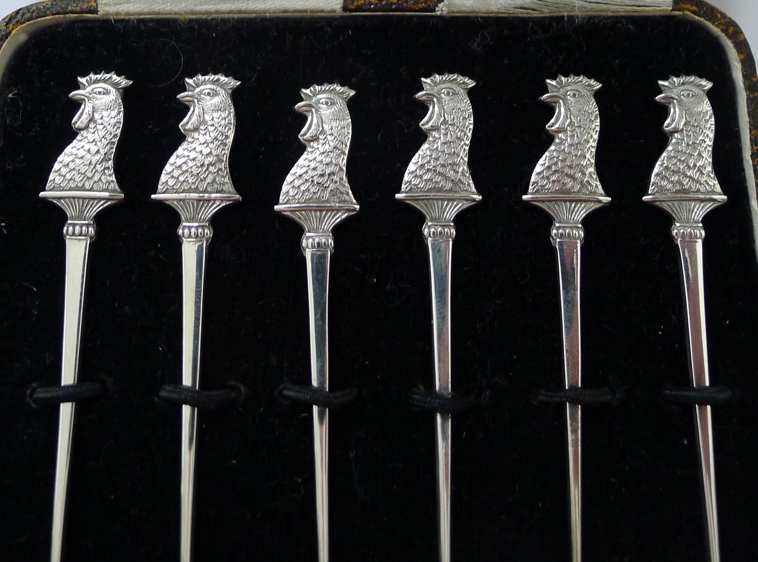 British Set Six English Solid Sterling Silver Cocktail Sticks - 1928 For Sale