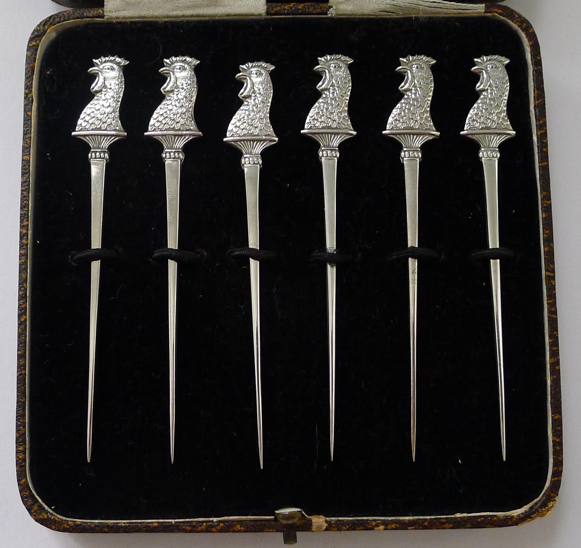Set Six English Solid Sterling Silver Cocktail Sticks - 1928 In Good Condition For Sale In Bath, GB