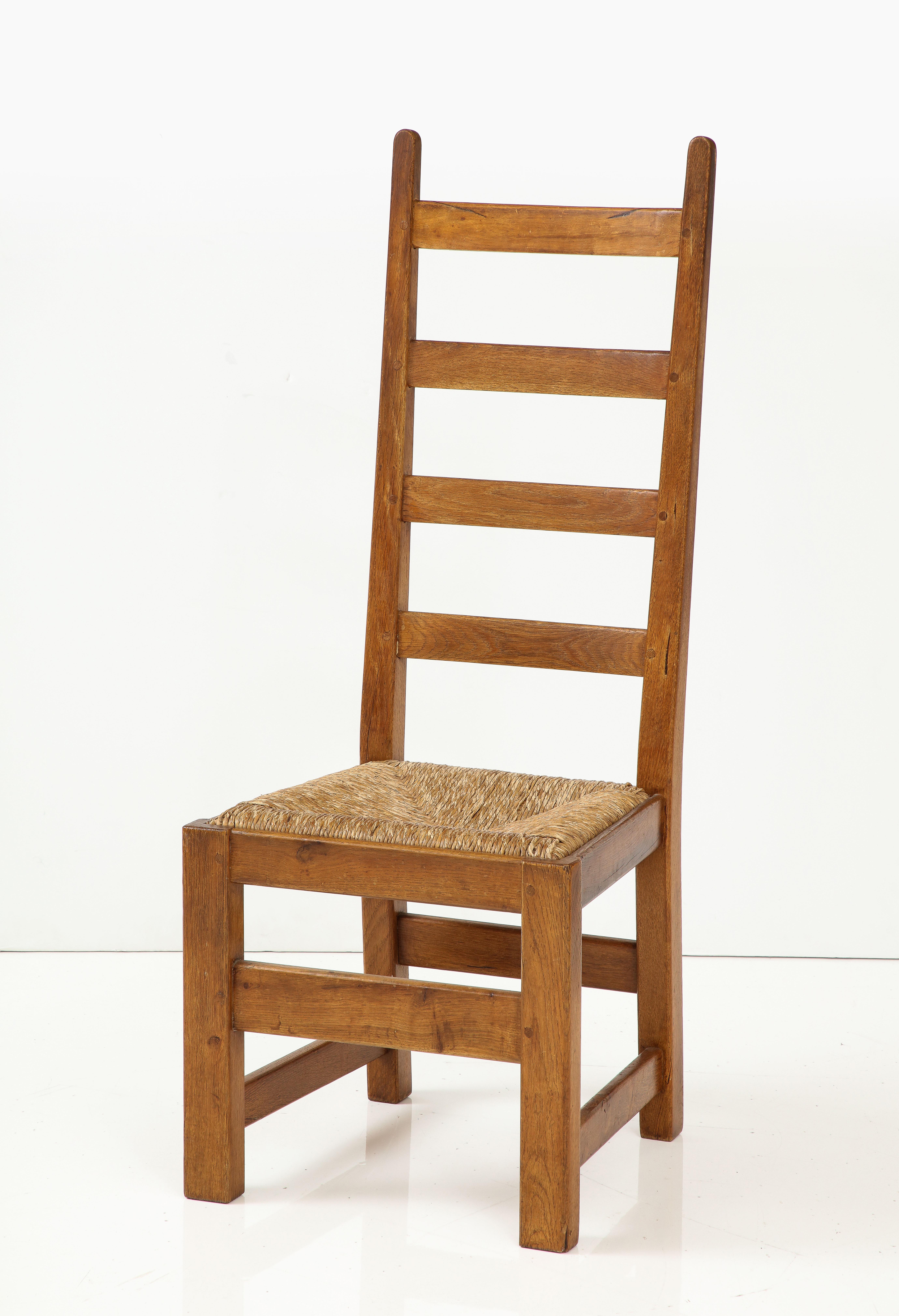 Set Six French High Back Oak & Rush Rustic Modern Chairs, C. 1950, Signed For Sale 5