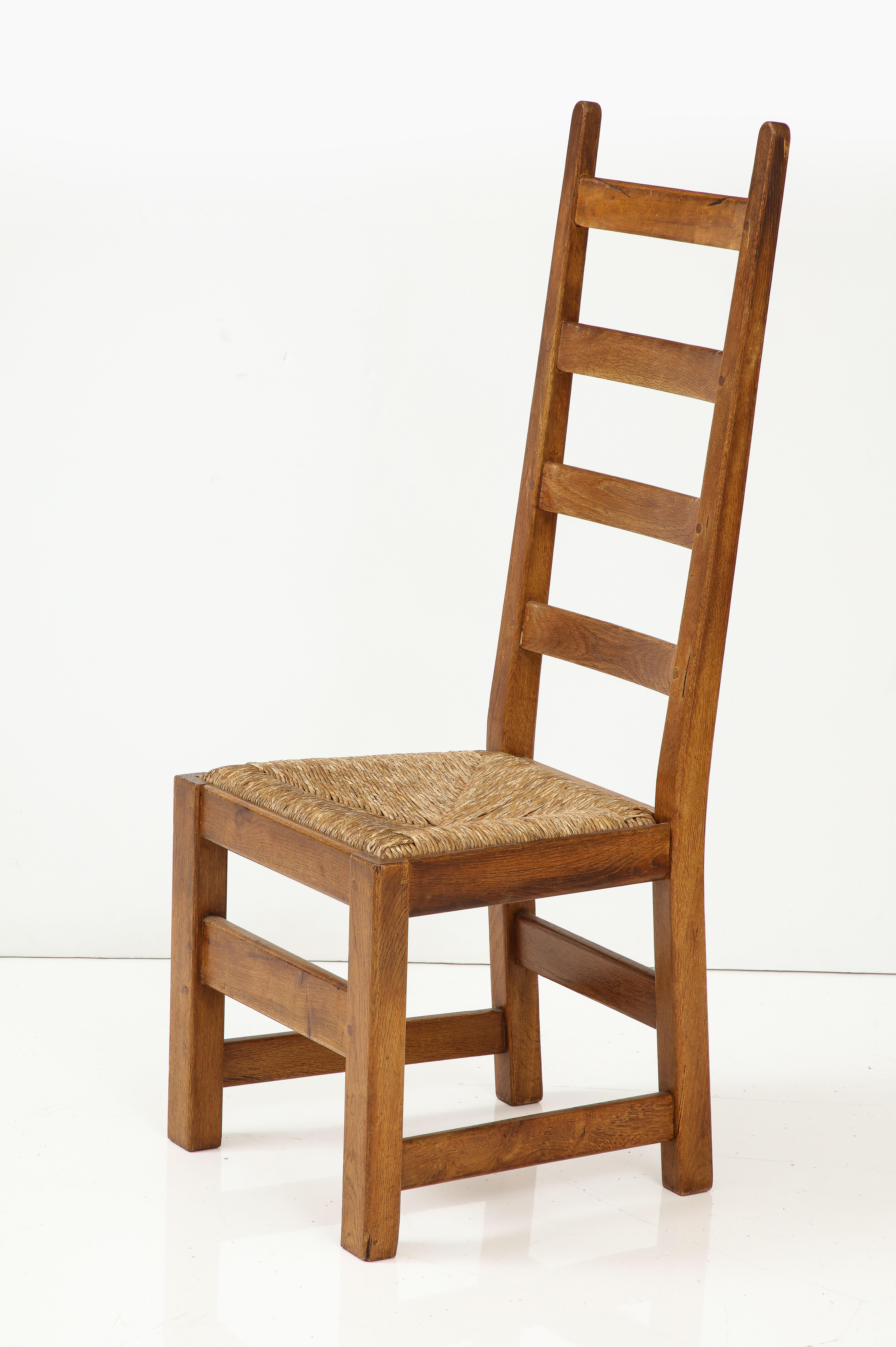 Set Six French High Back Oak & Rush Rustic Modern Chairs, C. 1950, Signed For Sale 6