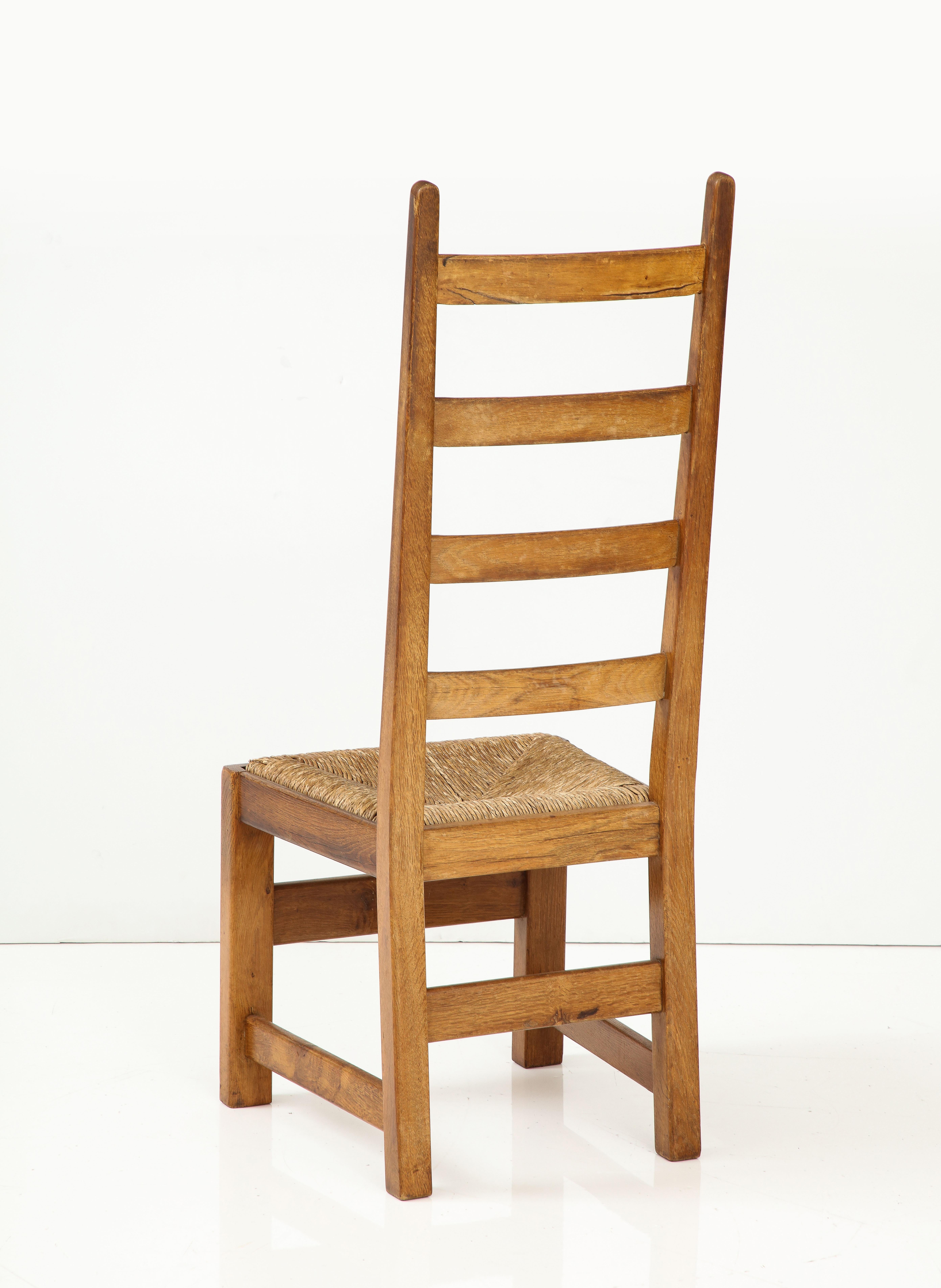 Set Six French High Back Oak & Rush Rustic Modern Chairs, C. 1950, Signed For Sale 8