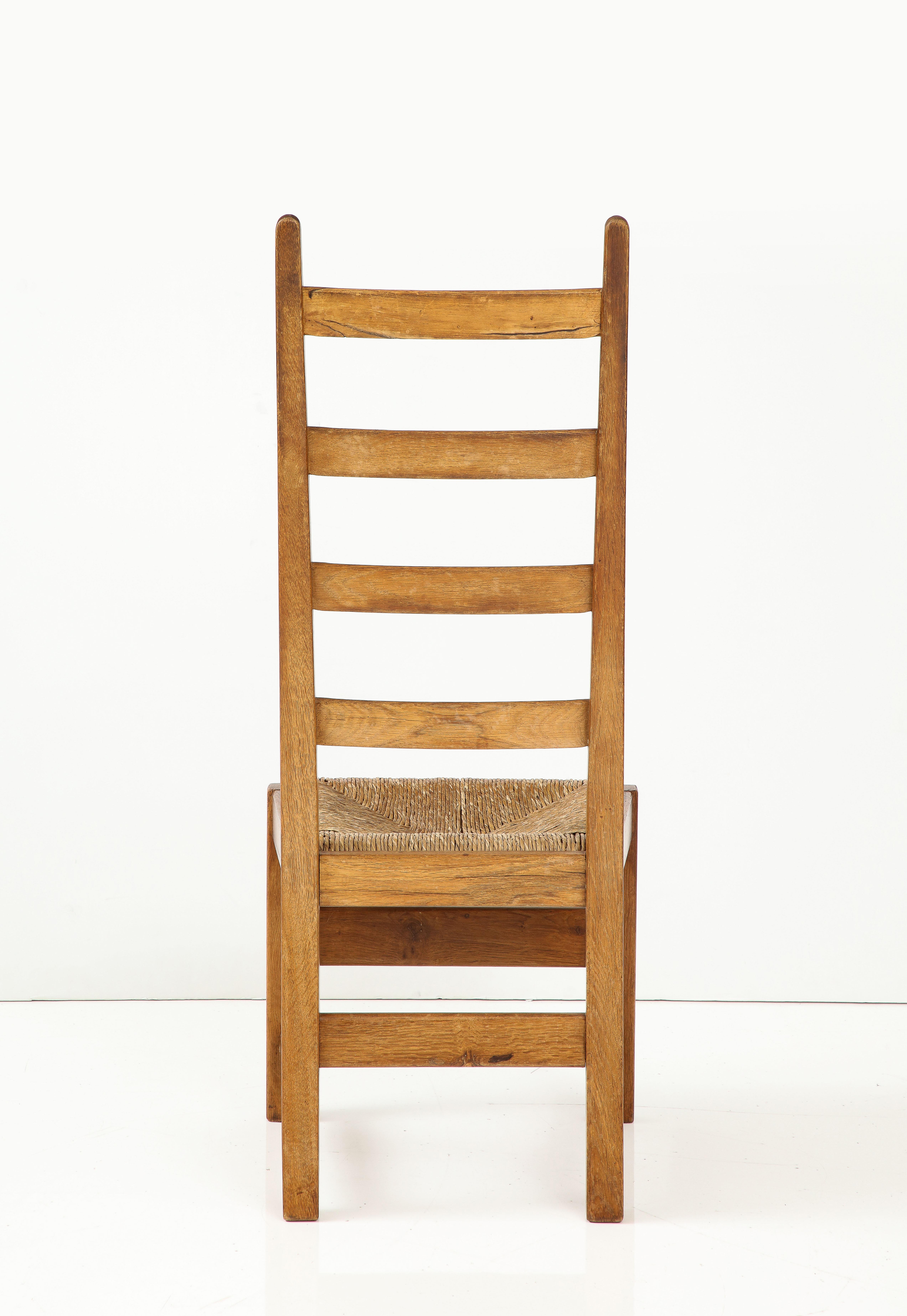 Set Six French High Back Oak & Rush Rustic Modern Chairs, C. 1950, Signed For Sale 9