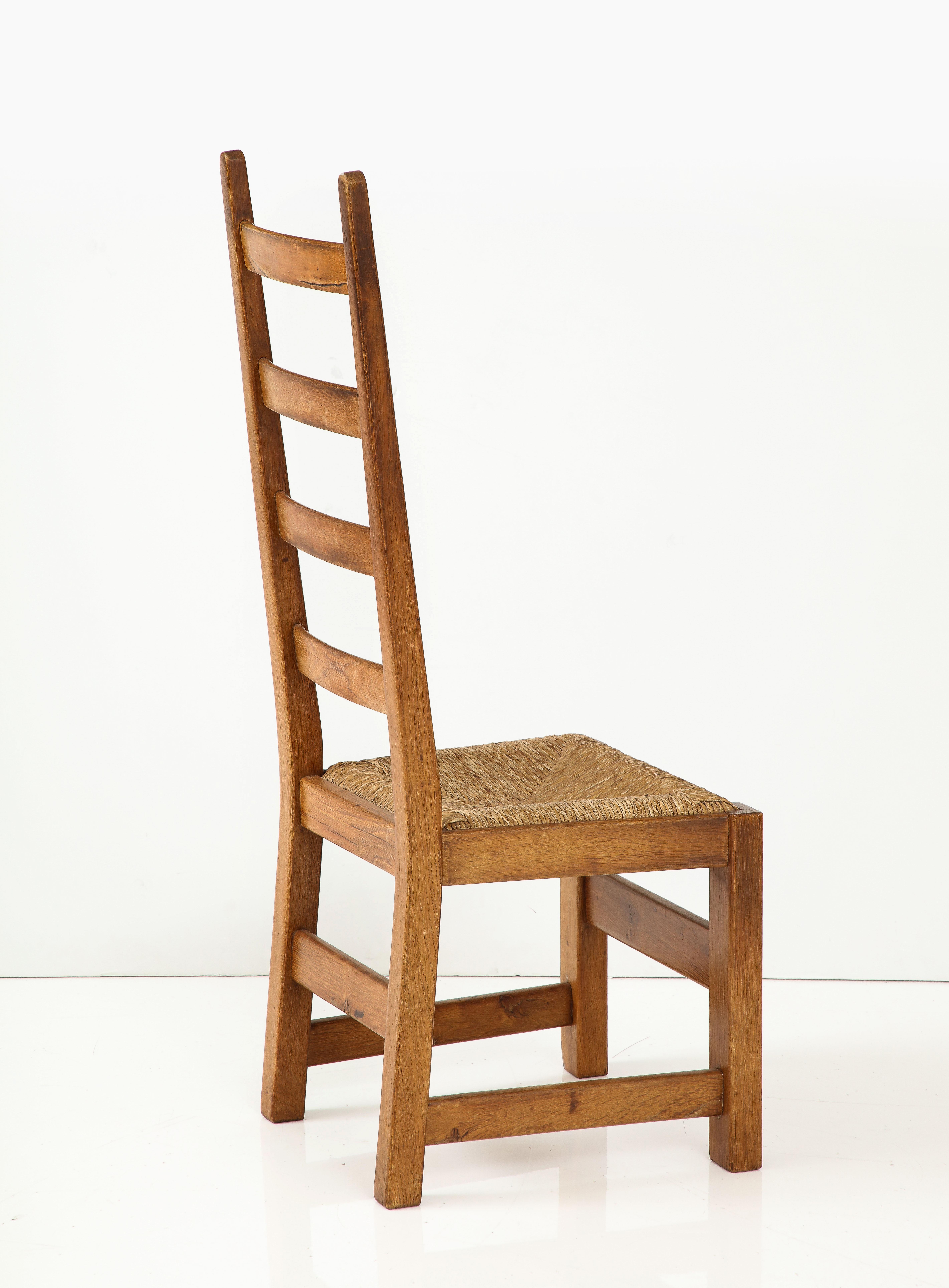 Set Six French High Back Oak & Rush Rustic Modern Chairs, C. 1950, Signed For Sale 10