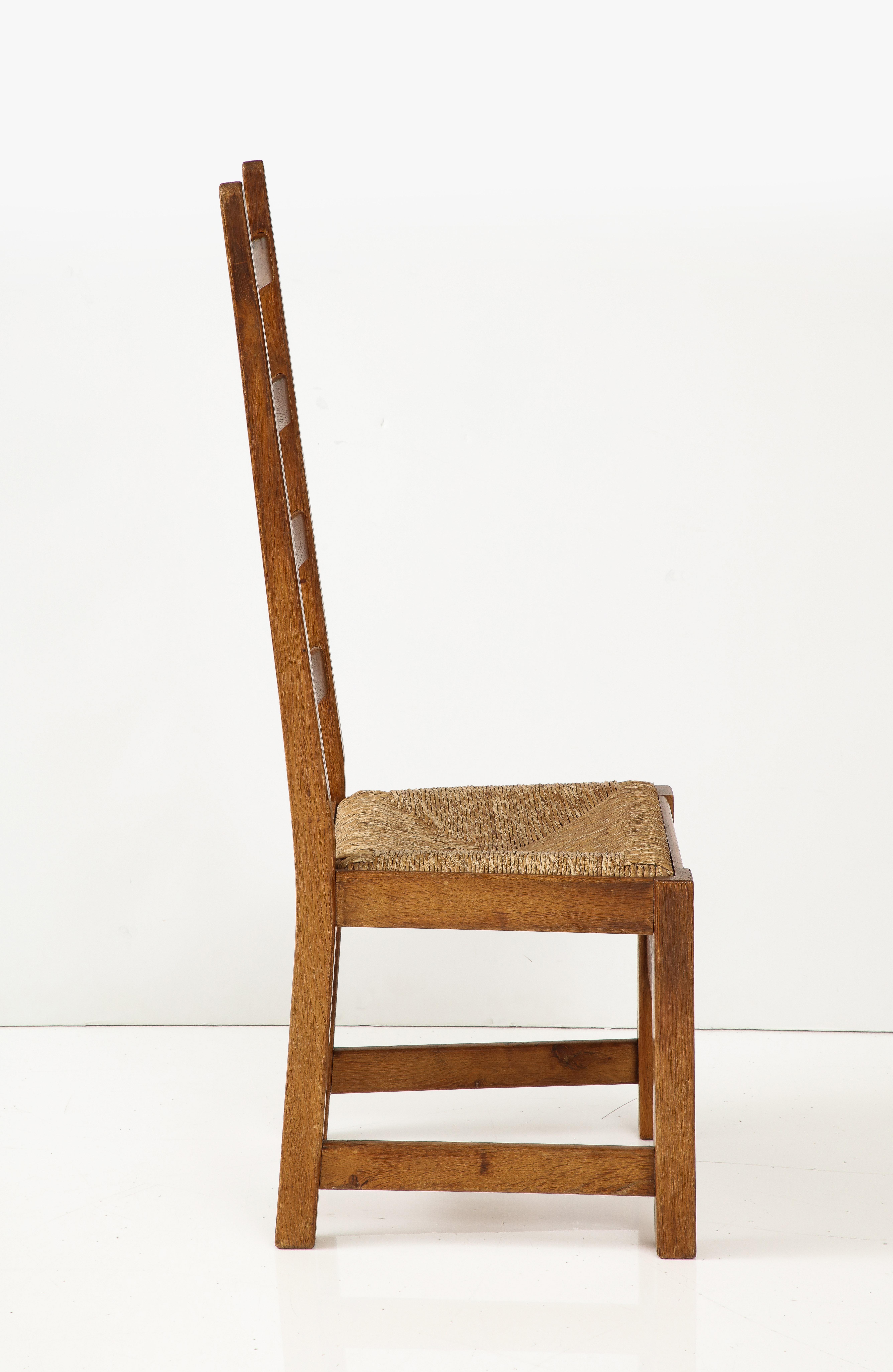 Set Six French High Back Oak & Rush Rustic Modern Chairs, C. 1950, Signed For Sale 11