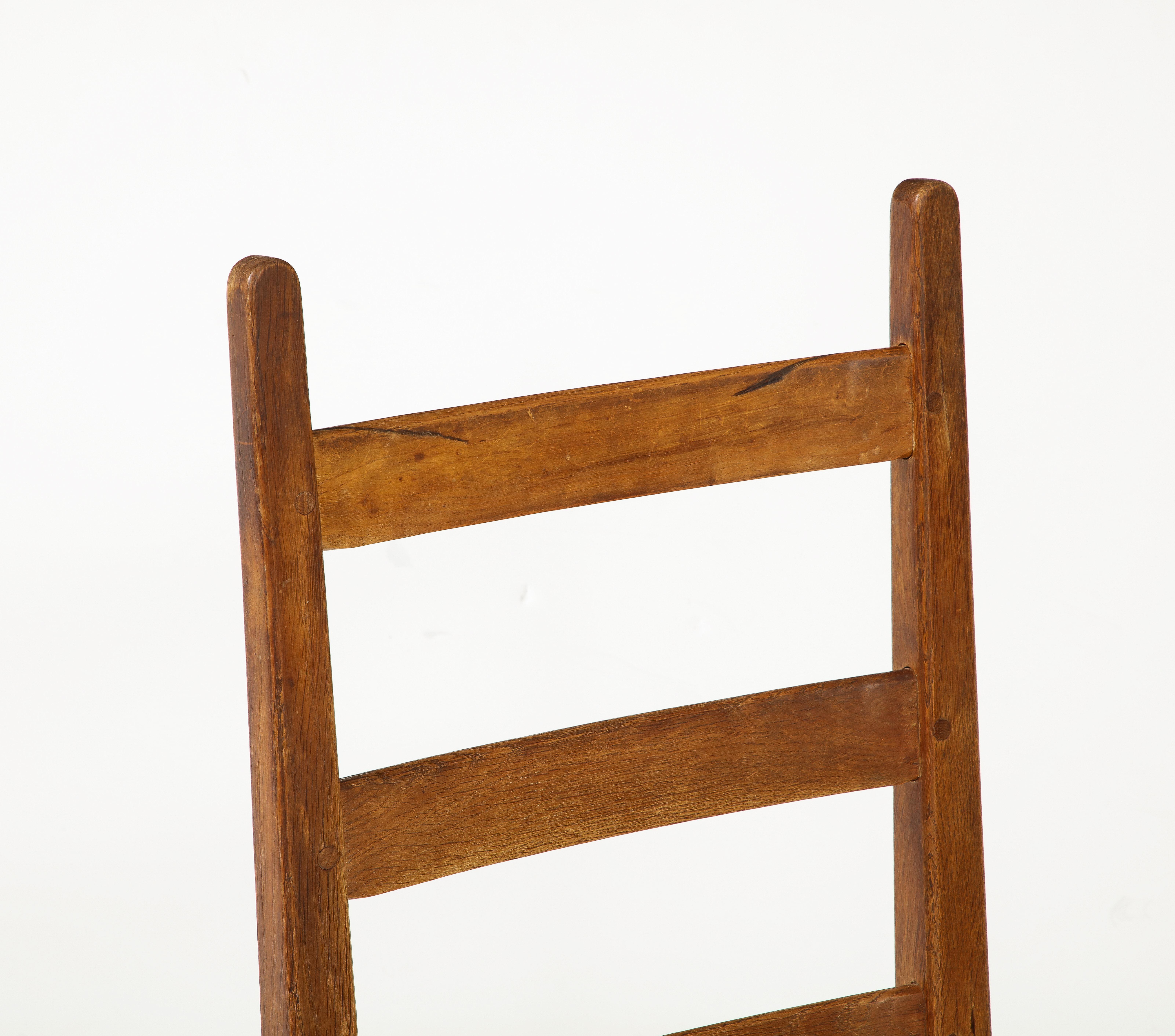 Set Six French High Back Oak & Rush Rustic Modern Chairs, C. 1950, Signed For Sale 12