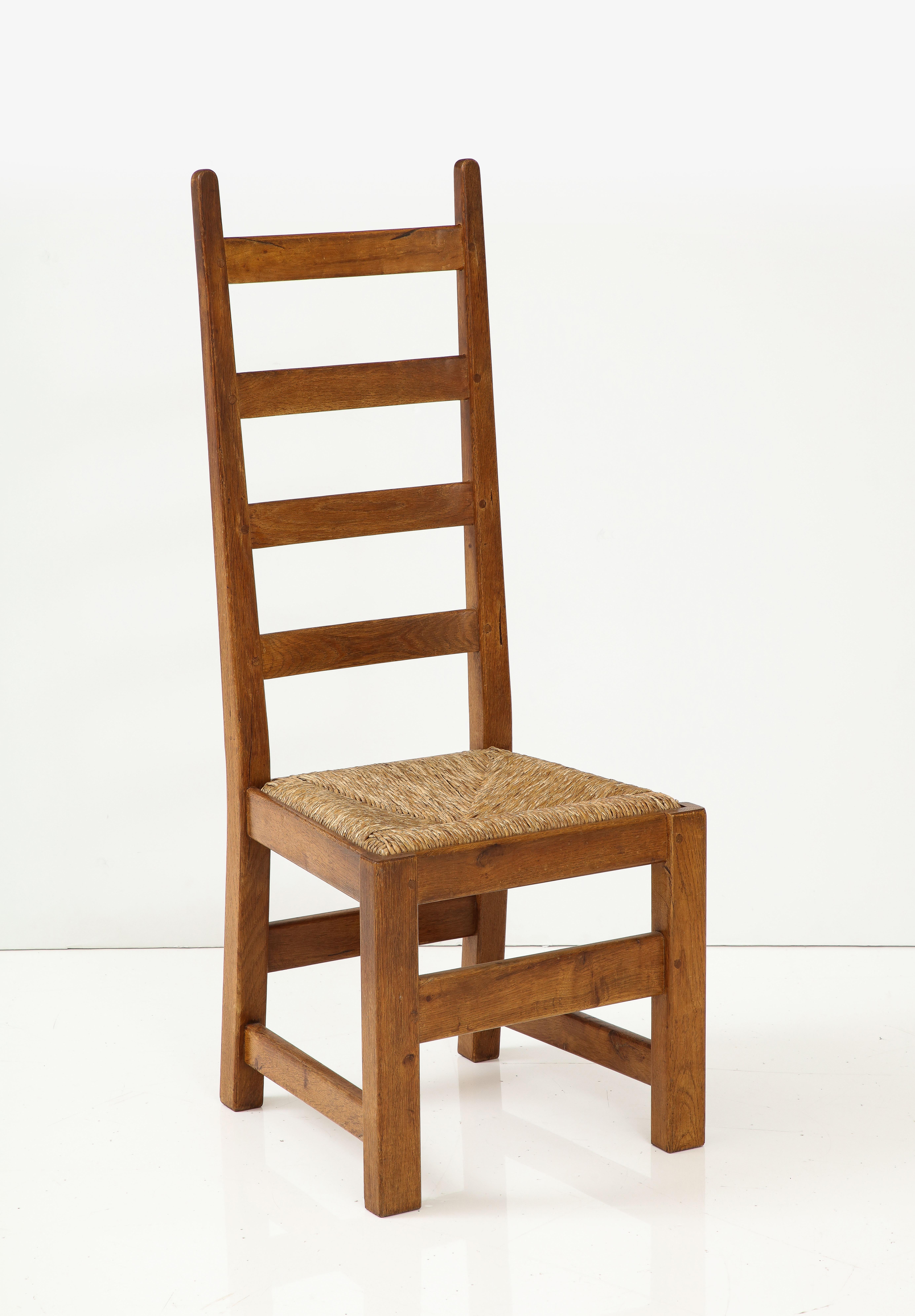 Set Six French High Back Oak & Rush Rustic Modern Chairs, C. 1950, Signed For Sale 13