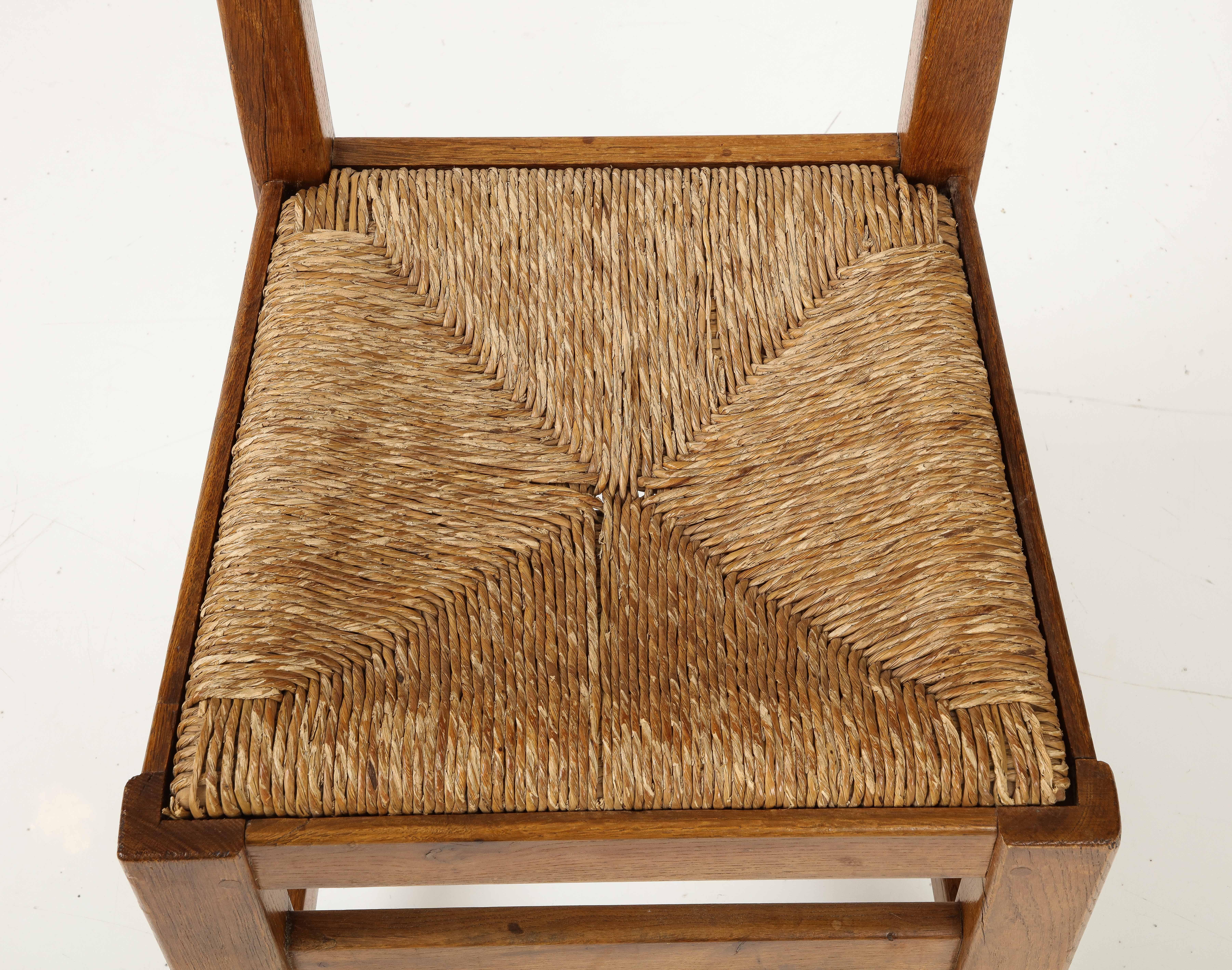 Set Six French High Back Oak & Rush Rustic Modern Chairs, C. 1950, Signed For Sale 15