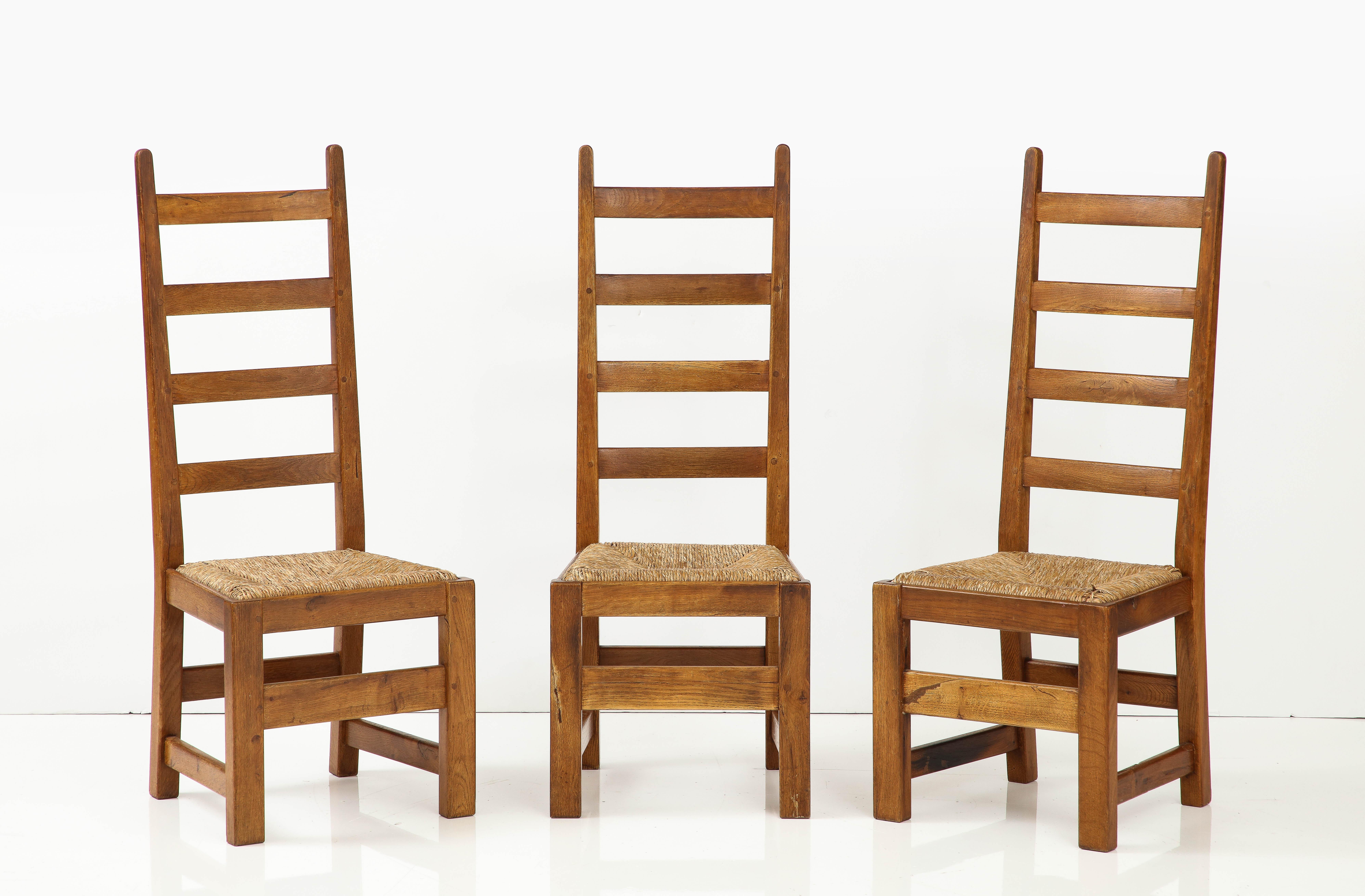 Mid-Century Modern Set Six French High Back Oak & Rush Rustic Modern Chairs, C. 1950, Signed For Sale