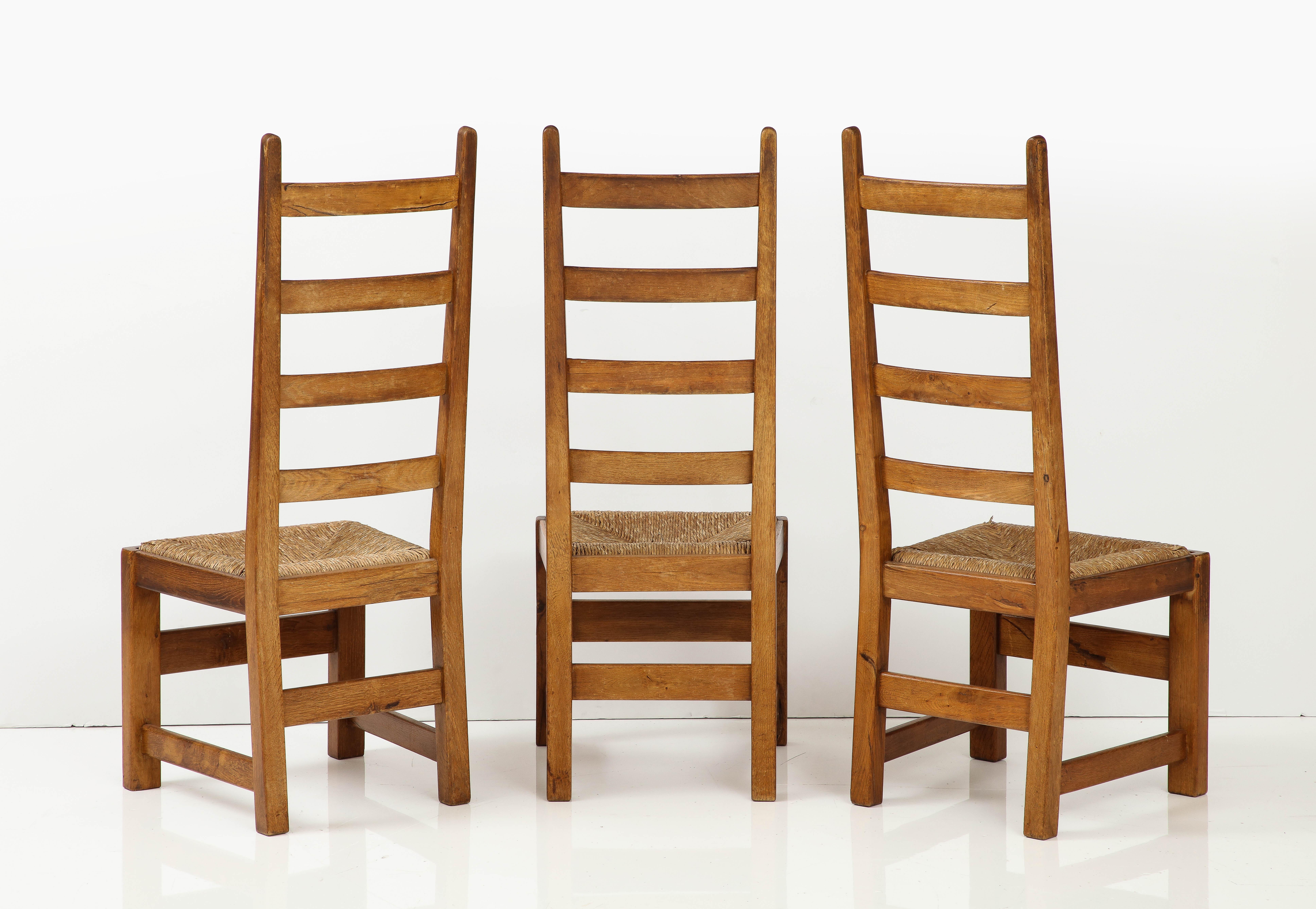 Mid-20th Century Set Six French High Back Oak & Rush Rustic Modern Chairs, C. 1950, Signed For Sale