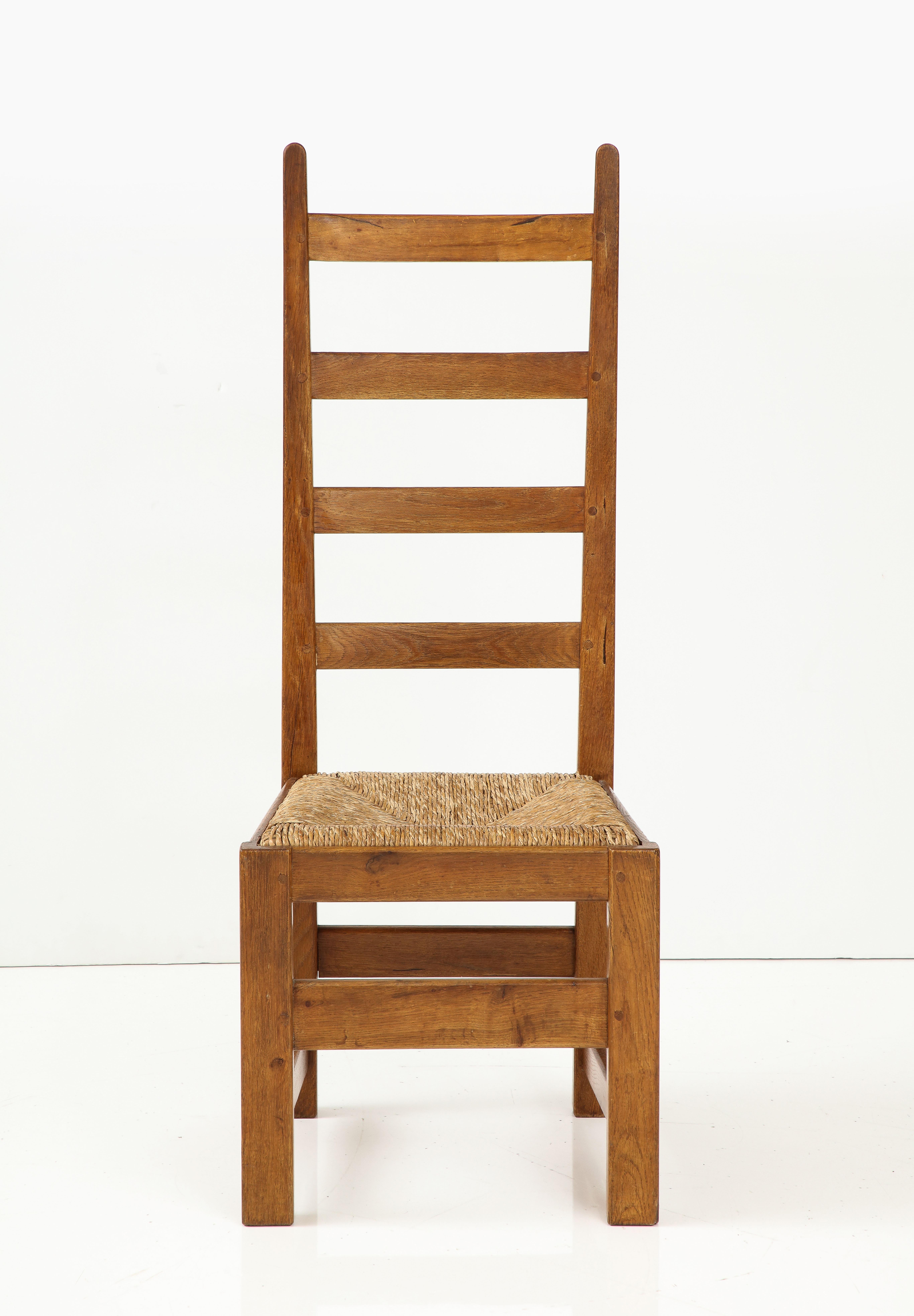 Set Six French High Back Oak & Rush Rustic Modern Chairs, C. 1950, Signed For Sale 1
