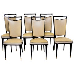 Set Six French Modernist Dining Chairs with Black Lacquered Frames