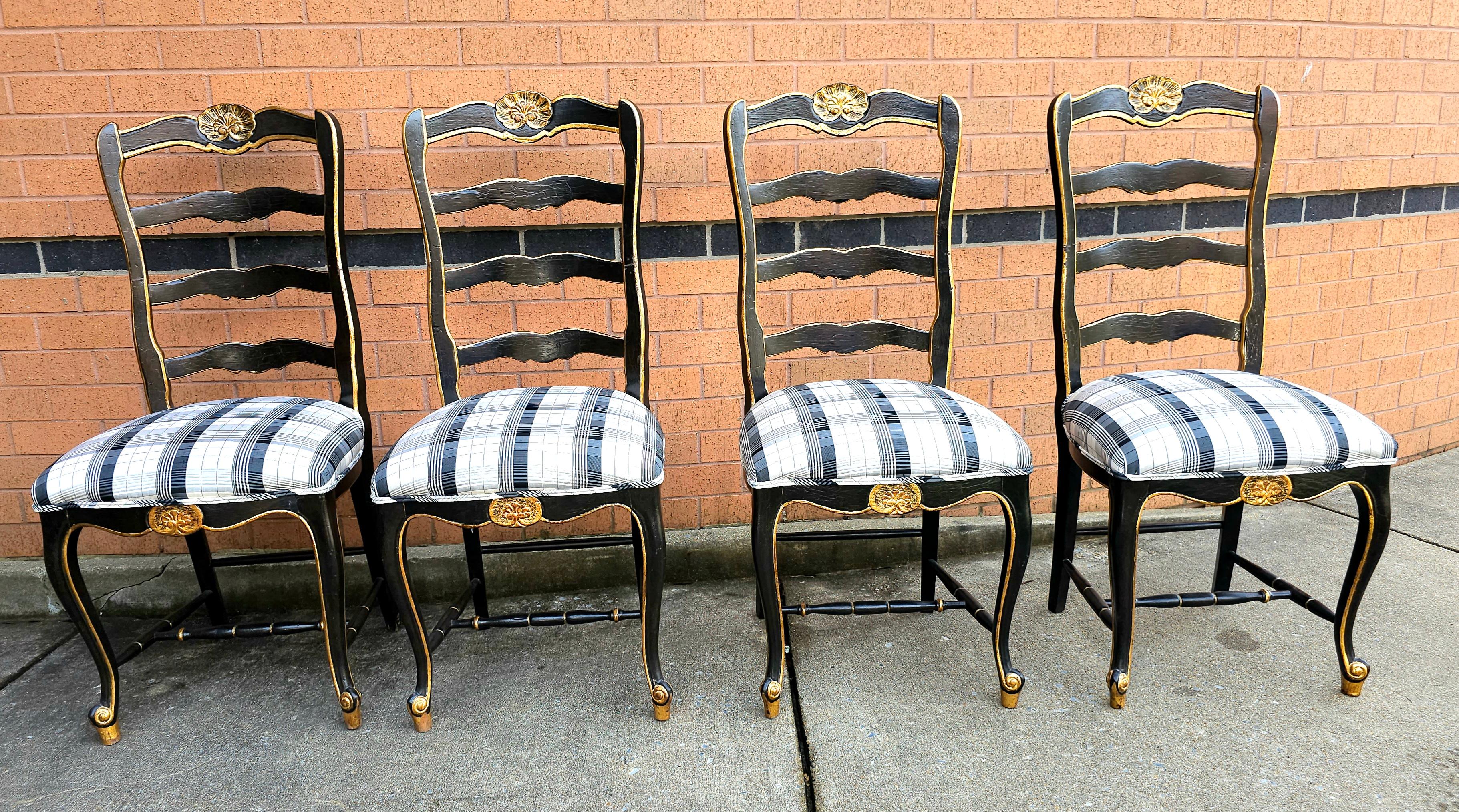 French Provincial Set Six French Provinical Partial Gilt And Ebonized Slat Ladder Back Side Chairs For Sale