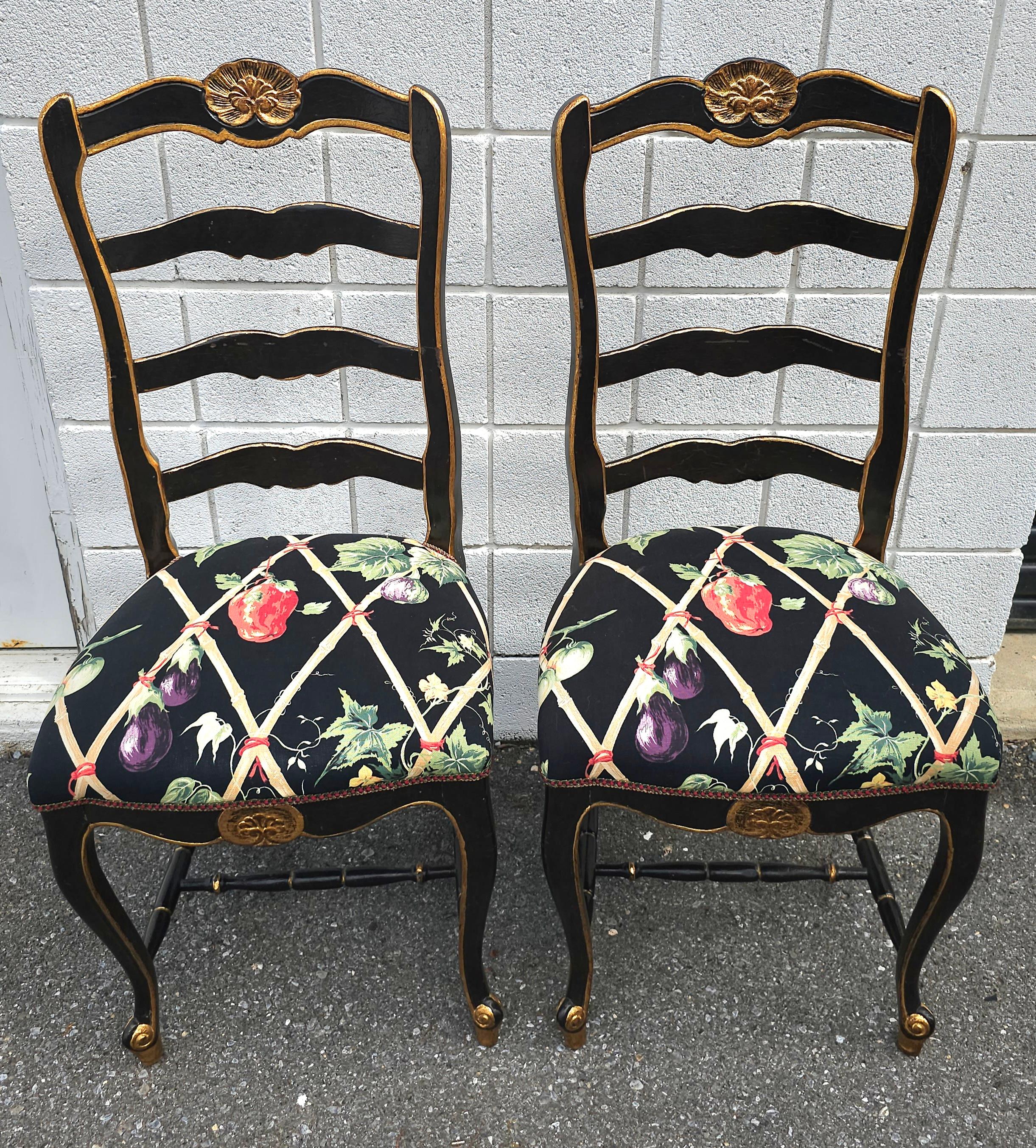 American Set Six French Provinical Partial Gilt And Ebonized Slat Ladder Back Side Chairs For Sale