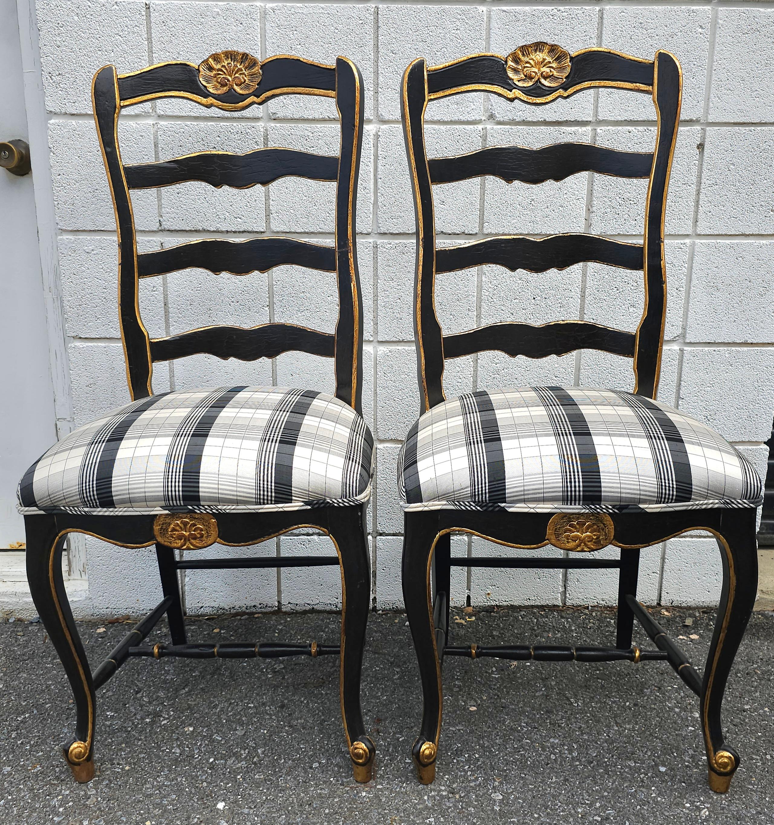 Carved Set Six French Provinical Partial Gilt And Ebonized Slat Ladder Back Side Chairs For Sale