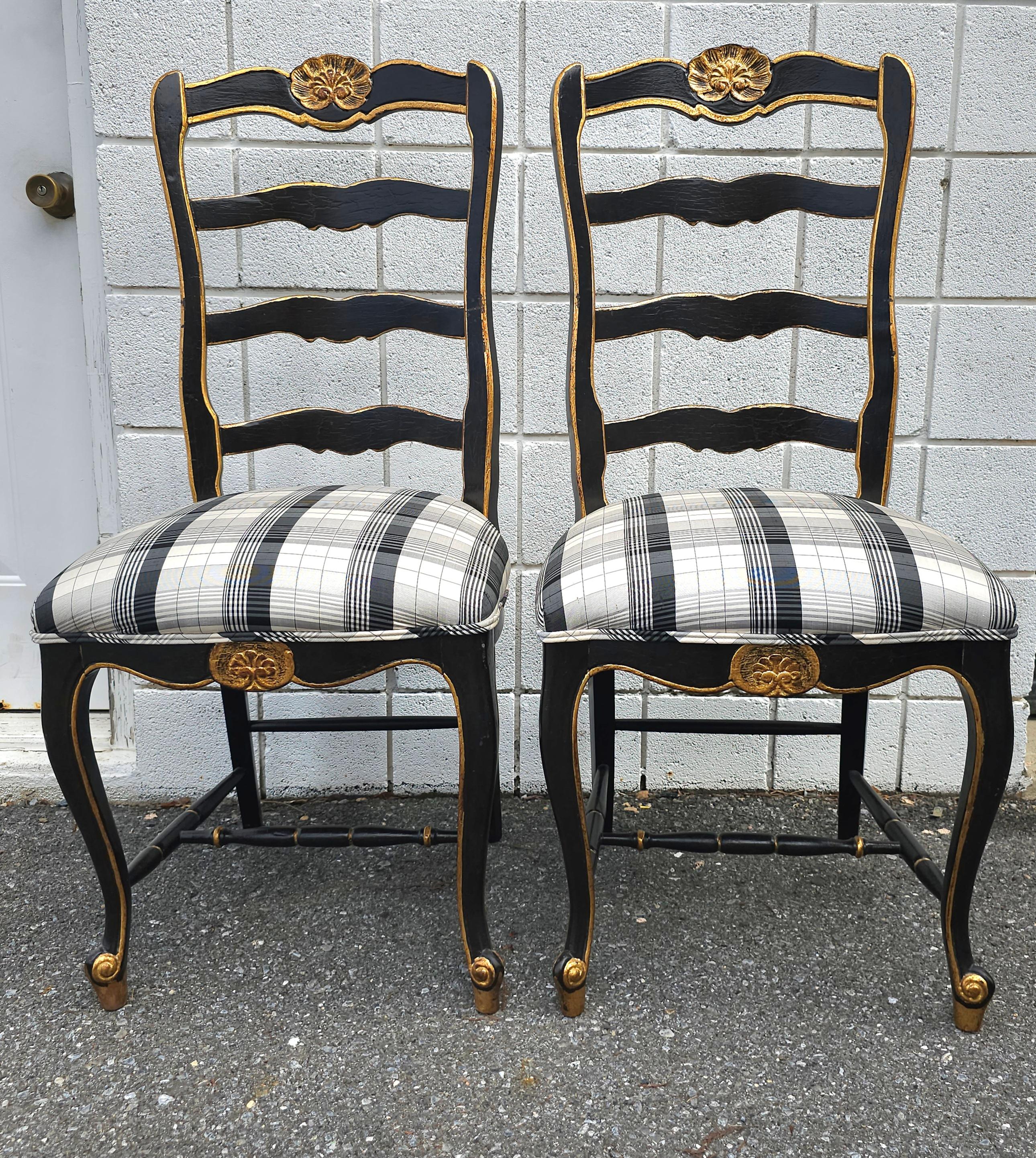 20th Century Set Six French Provinical Partial Gilt And Ebonized Slat Ladder Back Side Chairs For Sale