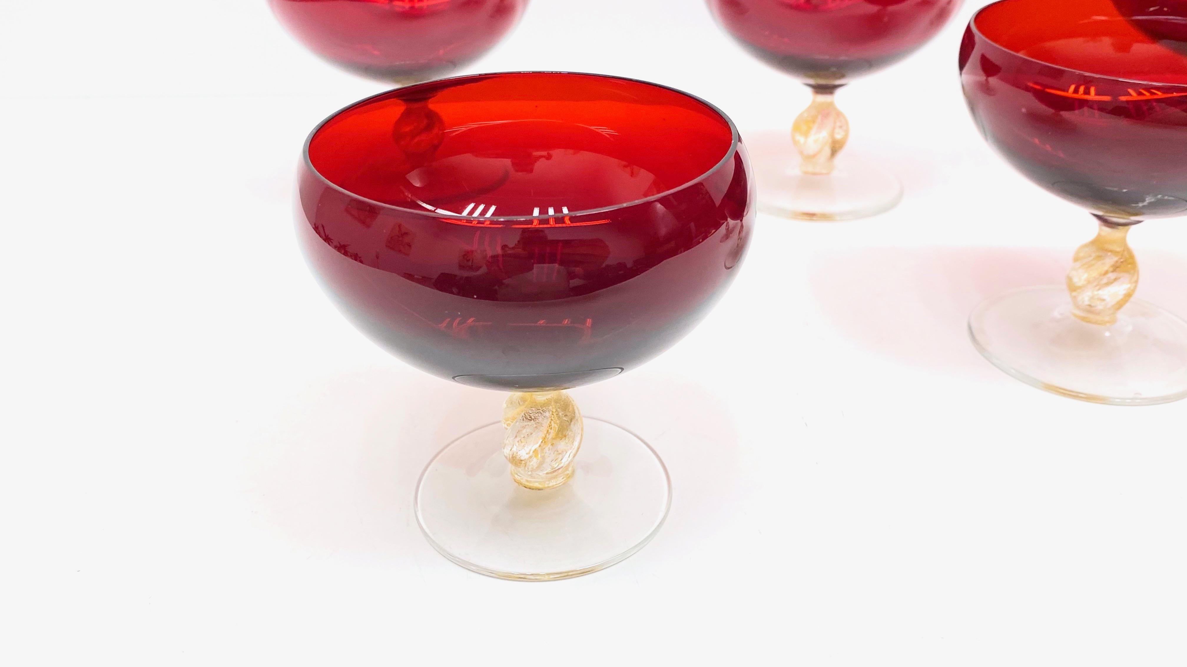 Set Six Italian Venetian Murano Glass Barovier Toso Ruby Red Champagne Goblets For Sale 1