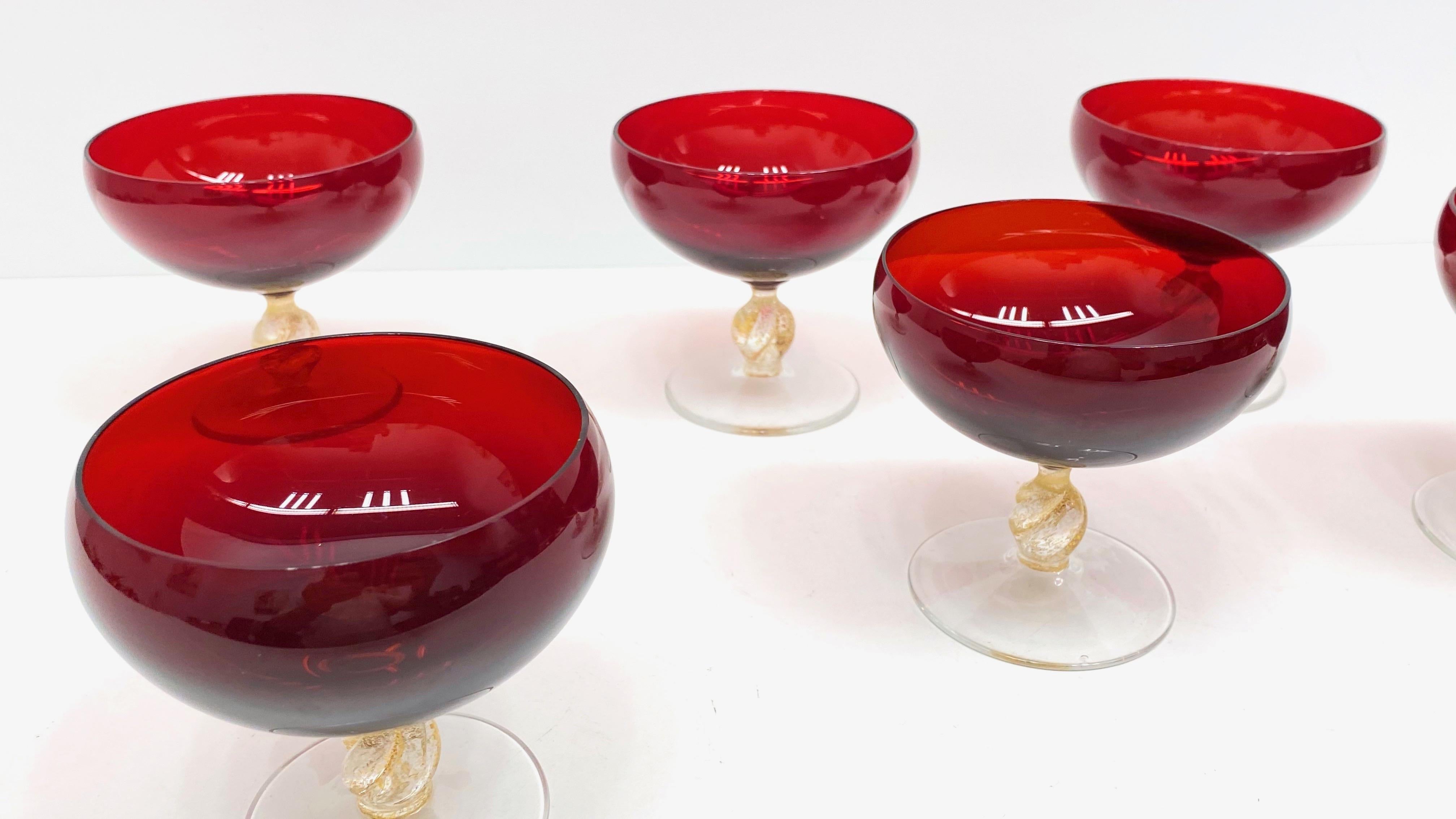 Set Six Italian Venetian Murano Glass Barovier Toso Ruby Red Champagne Goblets For Sale 2