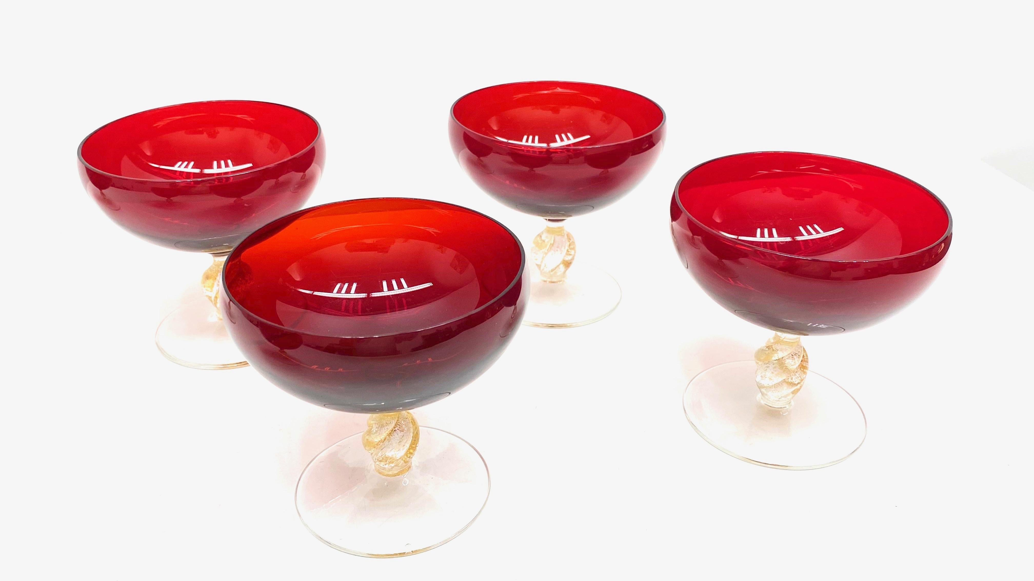 Set Six Italian Venetian Murano Glass Barovier Toso Ruby Red Champagne Goblets For Sale 3