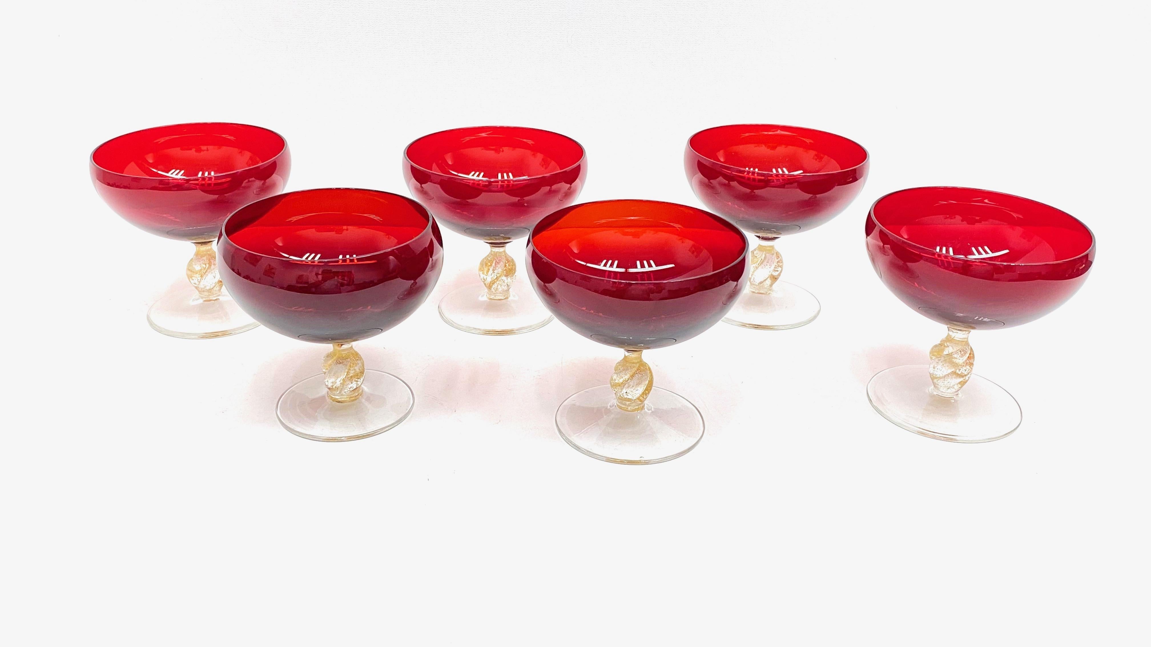 Mid-Century Modern Set Six Italian Venetian Murano Glass Barovier Toso Ruby Red Champagne Goblets For Sale