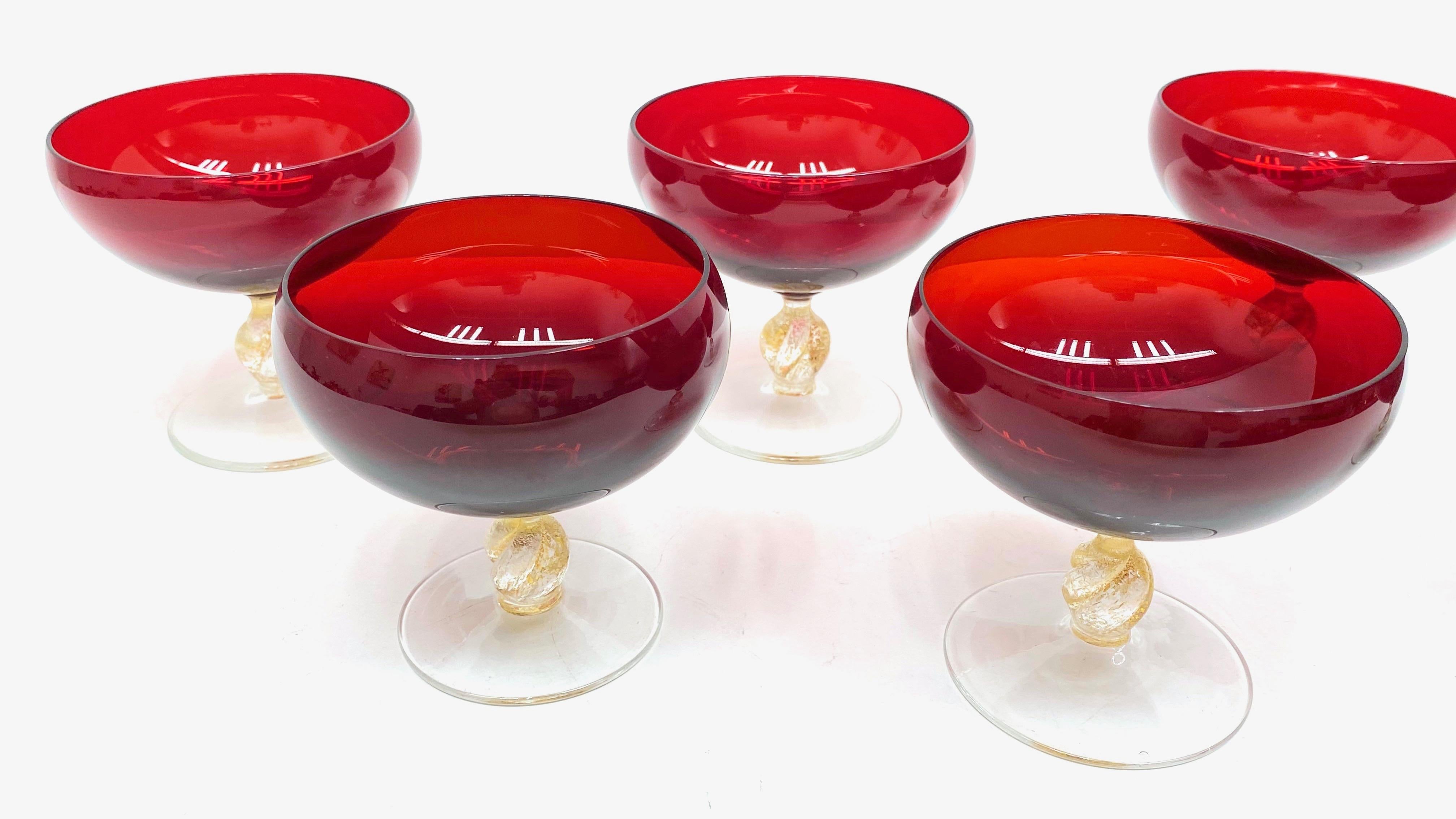 Hand-Crafted Set Six Italian Venetian Murano Glass Barovier Toso Ruby Red Champagne Goblets For Sale