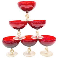 Set Six Italian Venetian Murano Glass Barovier Toso Ruby Red Champagne Goblets