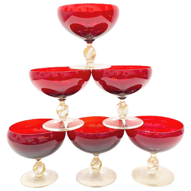 Set Six Italian Venetian Murano Glass Barovier Toso Ruby Red Champagne  Goblets For Sale at 1stDibs | red venetian glass