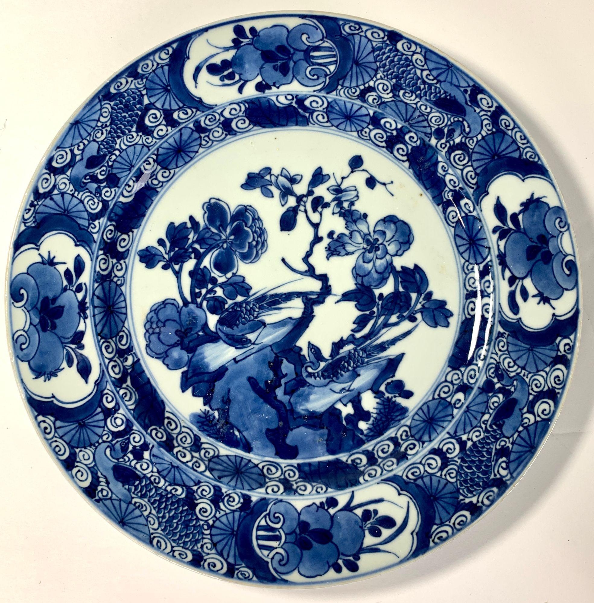 Set Six Large Blue and White Chinese Porcelain Plates HandPainted