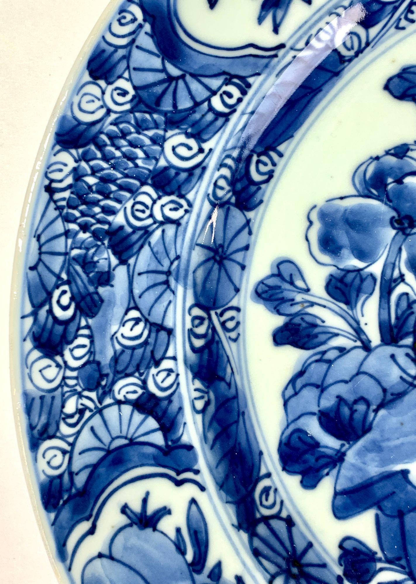 18th Century Set Six Large Blue and White Chinese Porcelain Plates Hand-Painted Kangxi Era